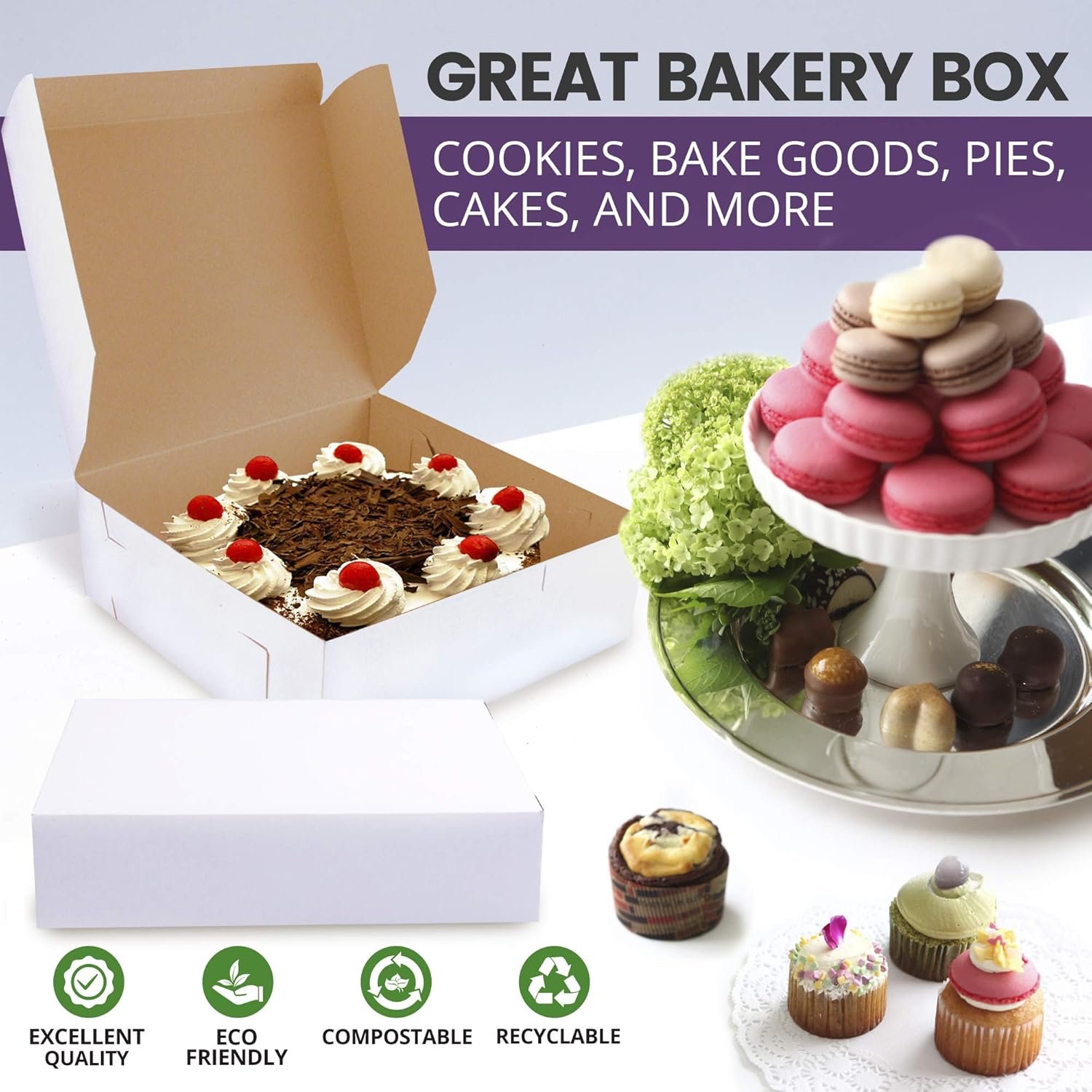 Grossiste Boîtes à pâtisserie blanches 9x9x3 pour cookies, emballage en carton kraft compostable pour gâteaux, nourriture, donuts, cupcakes, bonbons, pain, cadeau demoiselle d'honneur, Logo Personnalisé, Fabricant de sacs en vrac.