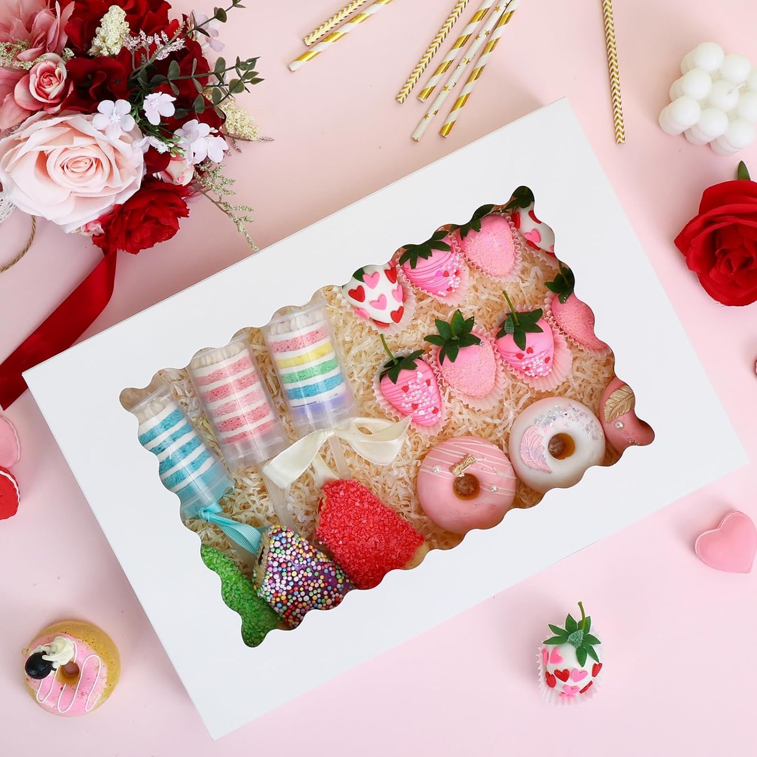 Grossiste en Vrac Boîtes à Gâteaux 25 pièces avec Fenêtre, Boîtes à Pâtisserie Auto-Pop-up 16x11x2,5in pour Treats, Desserts, Chocolats, Tartes, Muffins, Donuts, Marque Blanche, Fabricant.