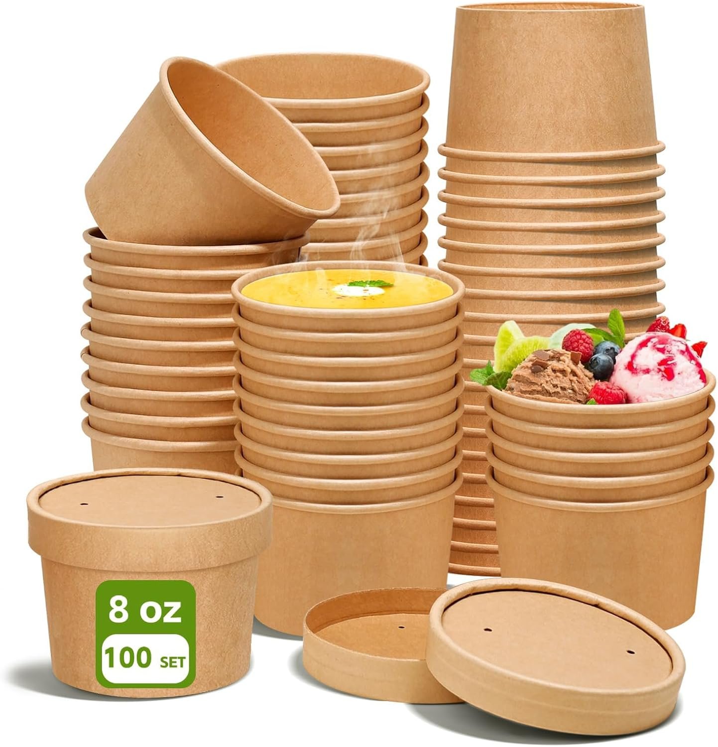 Grossiste en contenants alimentaires, 8 oz, bols en papier kraft pour soupes avec couvercles évincés, nocifs pour le micro-ondes et le congélateur, vente en gros de récipients à emporter pour soupes chaudes et glaces, logo personnalisé (100 pièces - kraft, 8 oz)