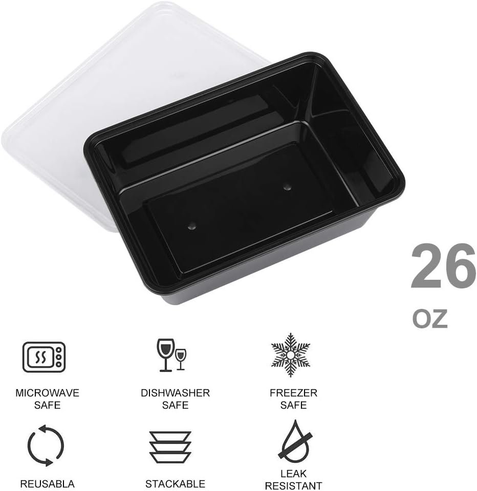 Grossiste en contenants alimentaires, 50-Pack de boîtes réutilisables de 26 OZ pour préparation de repas, conteneurs plastiques empilables, avec couvercles, Fournisseur de lunch boxes jetables, Vente en Gros, compatible congélateur et lave-vaisselle.