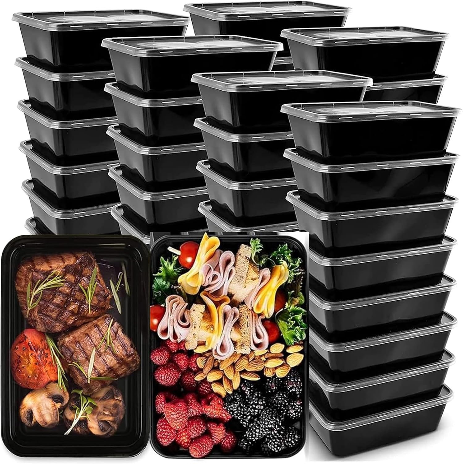 Grossiste en contenants alimentaires, 50-Pack de boîtes réutilisables de 26 OZ pour préparation de repas, conteneurs plastiques empilables, avec couvercles, Fournisseur de lunch boxes jetables, Vente en Gros, compatible congélateur et lave-vaisselle.