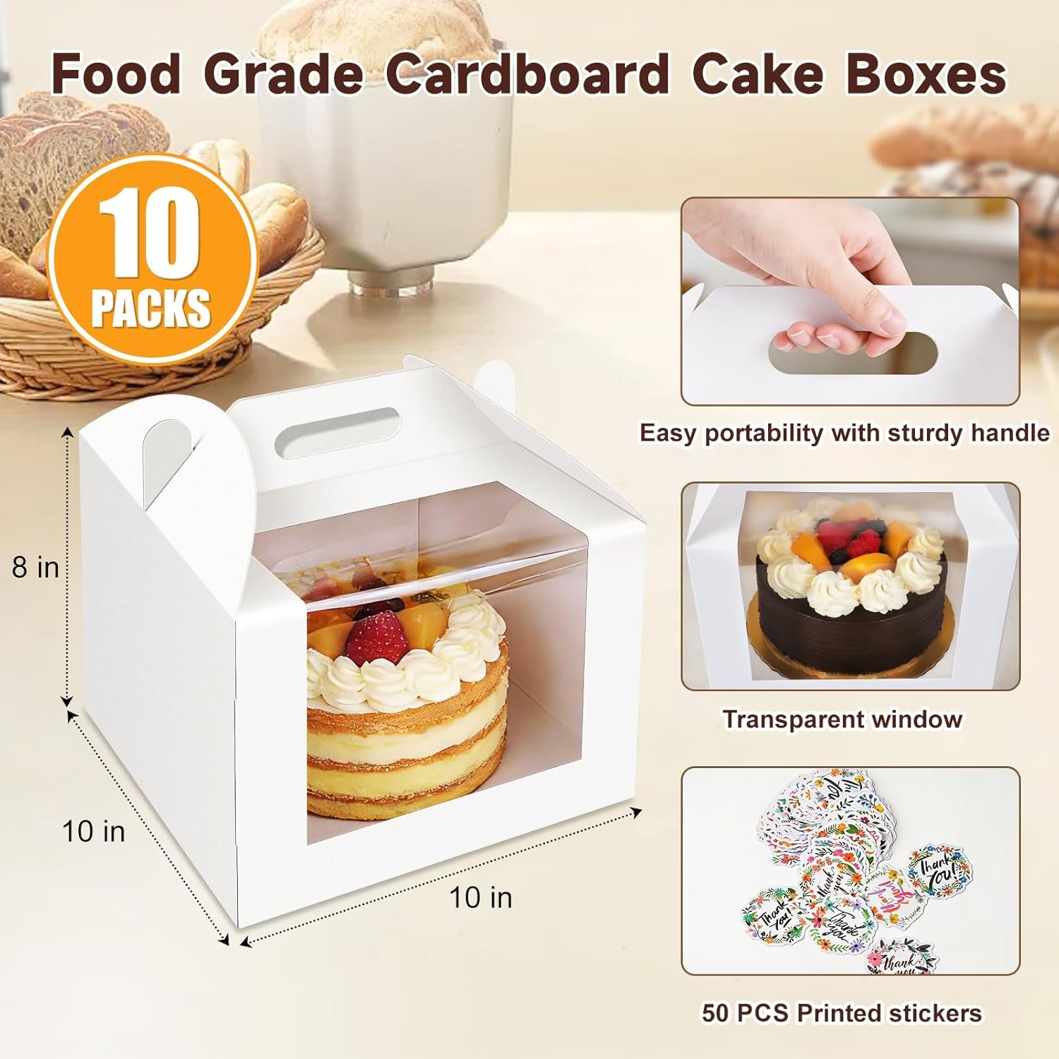 Boîte à gâteau 10 pouces avec fenêtre, 10 pcs, en vrac pour les grossistes, contenant des gâteaux de mariage et d'anniversaire, Fabricant de boîtes blanches avec poignée pour pâtisseries, taille 10x10x8 pouces.