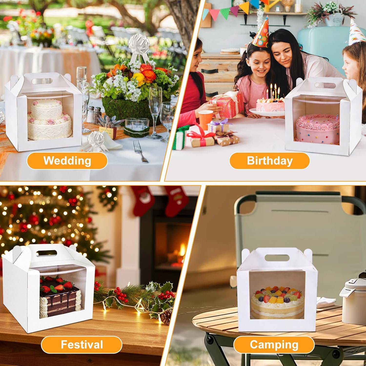 Boîte à gâteau 10 pouces avec fenêtre, 10 pcs, en vrac pour les grossistes, contenant des gâteaux de mariage et d'anniversaire, Fabricant de boîtes blanches avec poignée pour pâtisseries, taille 10x10x8 pouces.