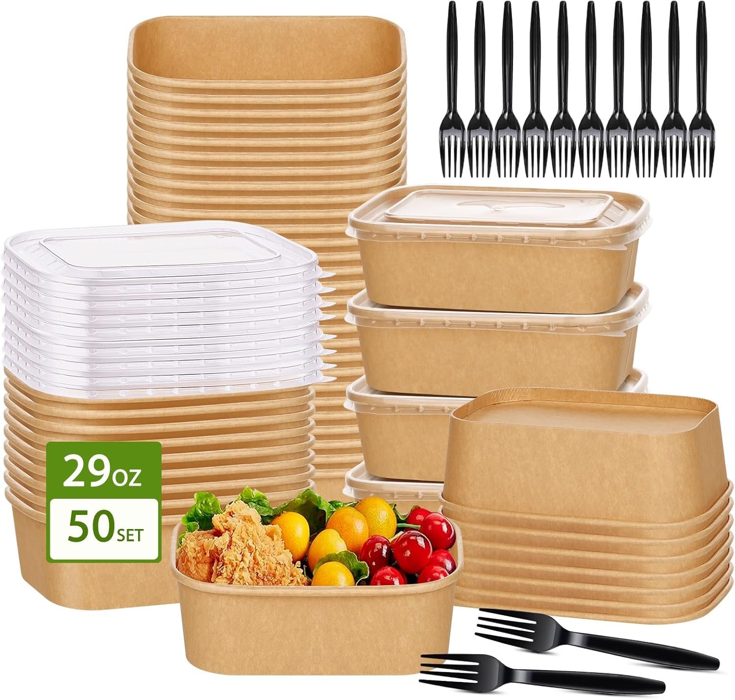 Grossiste contenants alimentaires en vrac 50-Pack 29oz bols en papier kraft jetables avec couvercles et fourchettes, contenant pour repas à emporter, adaptés pour le micro-ondes, parfait pour les fêtes de la Saint-Patrick, consommation chaude/froide, OEM.