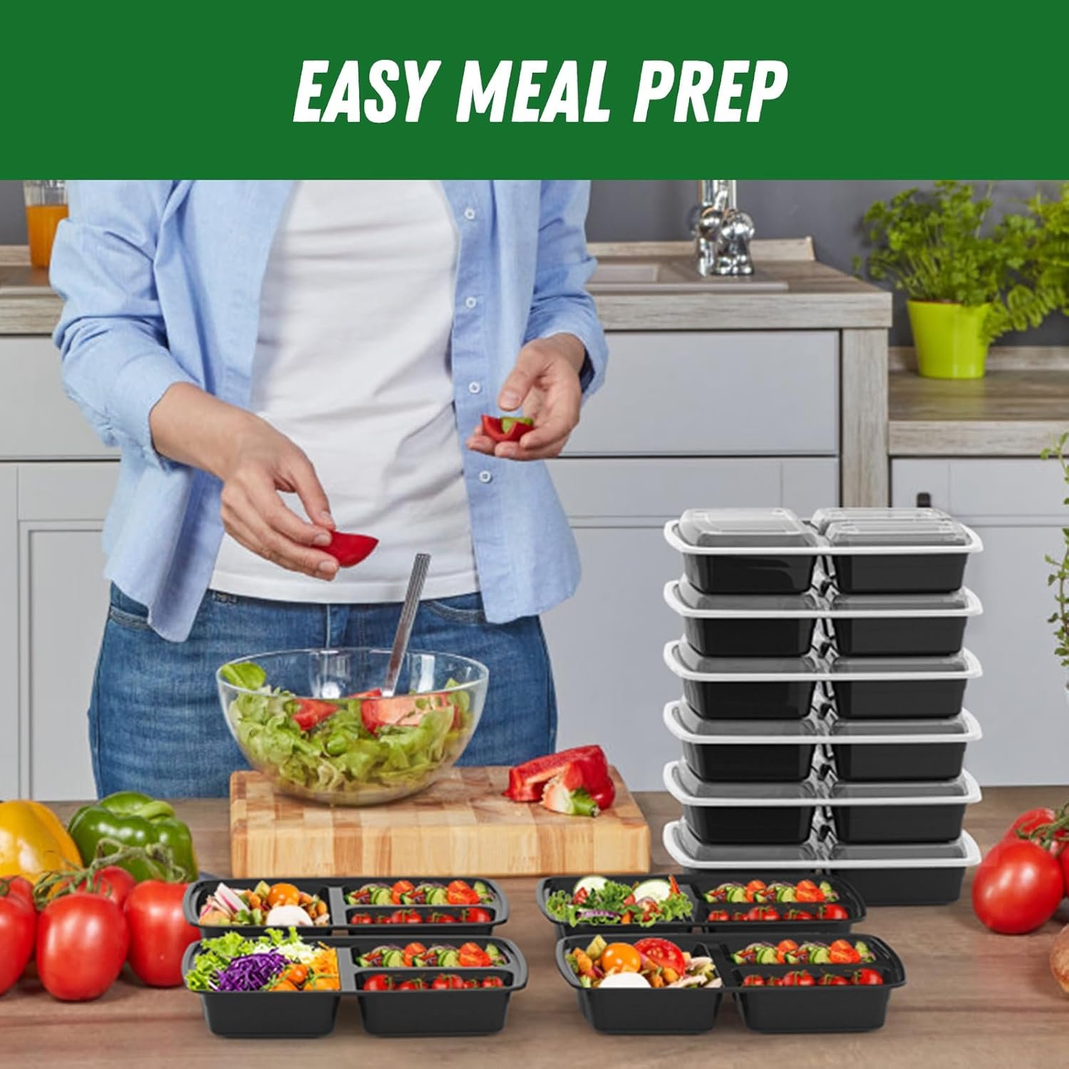Grossiste Réutilisable 50 Pack de Conteneurs Alimentaires 32 oz avec Couvercles 3 Compartiments Solides, Fournisseur Alimentaire en Vrac, Peu Fuit, Micro-ondes, Congélateur, Lave-vaisselle, Noir, OEM