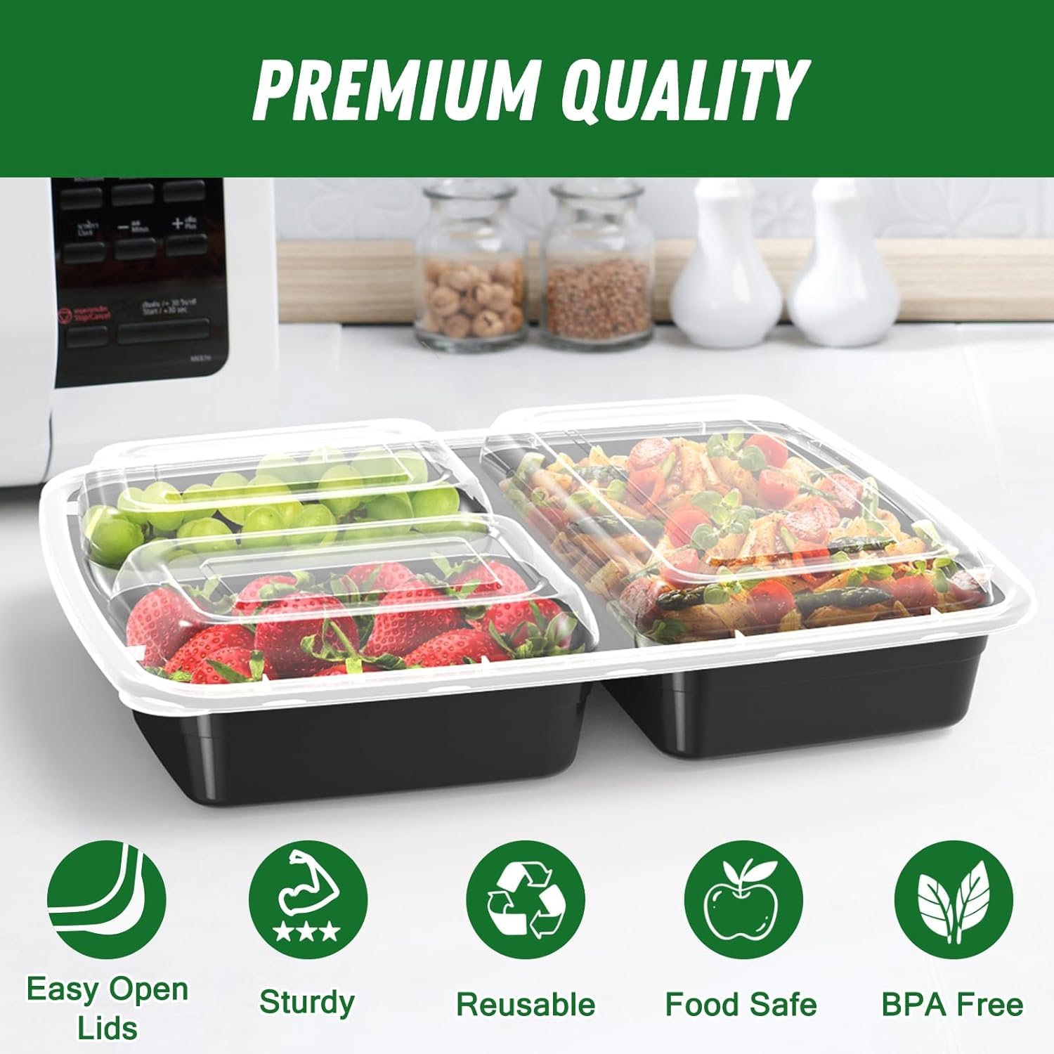 Grossiste Réutilisable 50 Pack de Conteneurs Alimentaires 32 oz avec Couvercles 3 Compartiments Solides, Fournisseur Alimentaire en Vrac, Peu Fuit, Micro-ondes, Congélateur, Lave-vaisselle, Noir, OEM