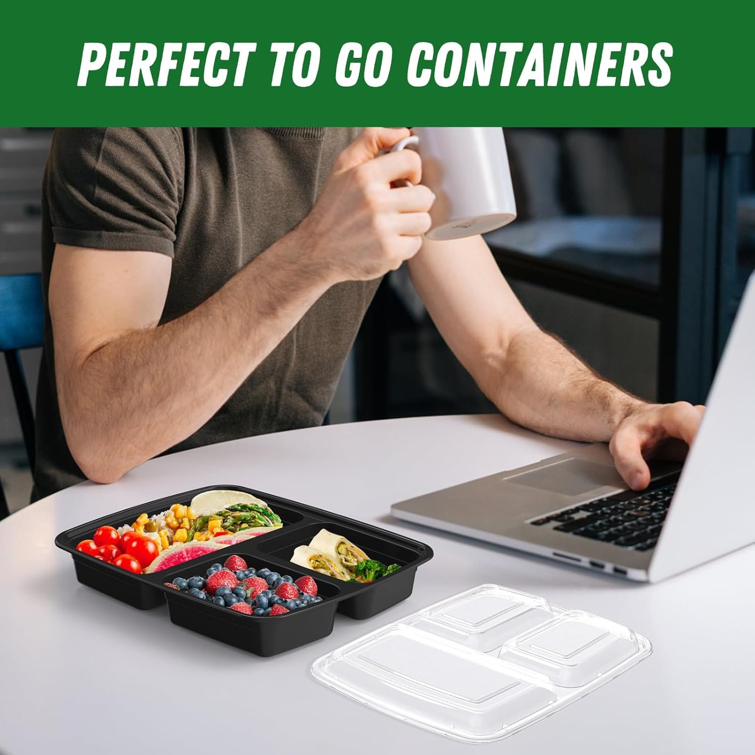 Grossiste Réutilisable 50 Pack de Conteneurs Alimentaires 32 oz avec Couvercles 3 Compartiments Solides, Fournisseur Alimentaire en Vrac, Peu Fuit, Micro-ondes, Congélateur, Lave-vaisselle, Noir, OEM
