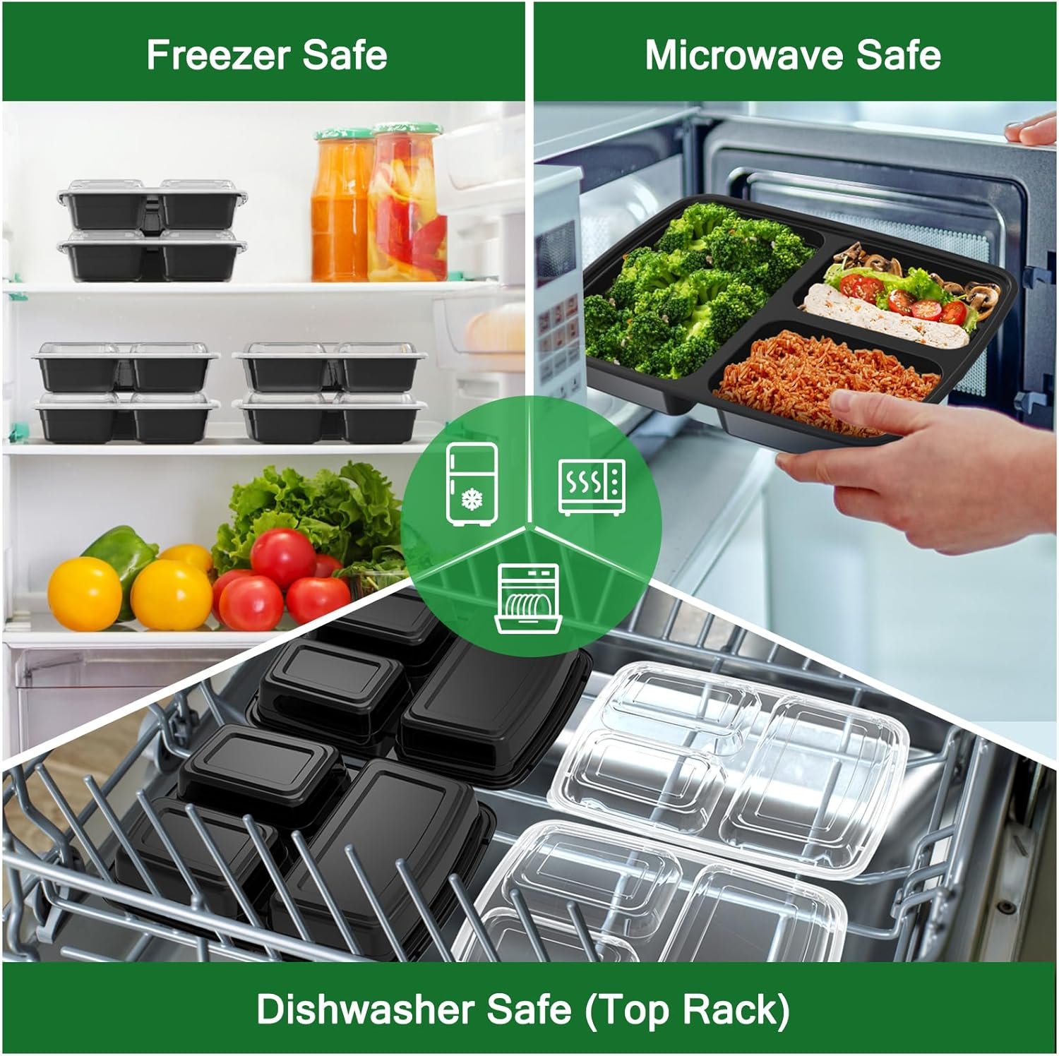 Grossiste Réutilisable 50 Pack de Conteneurs Alimentaires 32 oz avec Couvercles 3 Compartiments Solides, Fournisseur Alimentaire en Vrac, Peu Fuit, Micro-ondes, Congélateur, Lave-vaisselle, Noir, OEM
