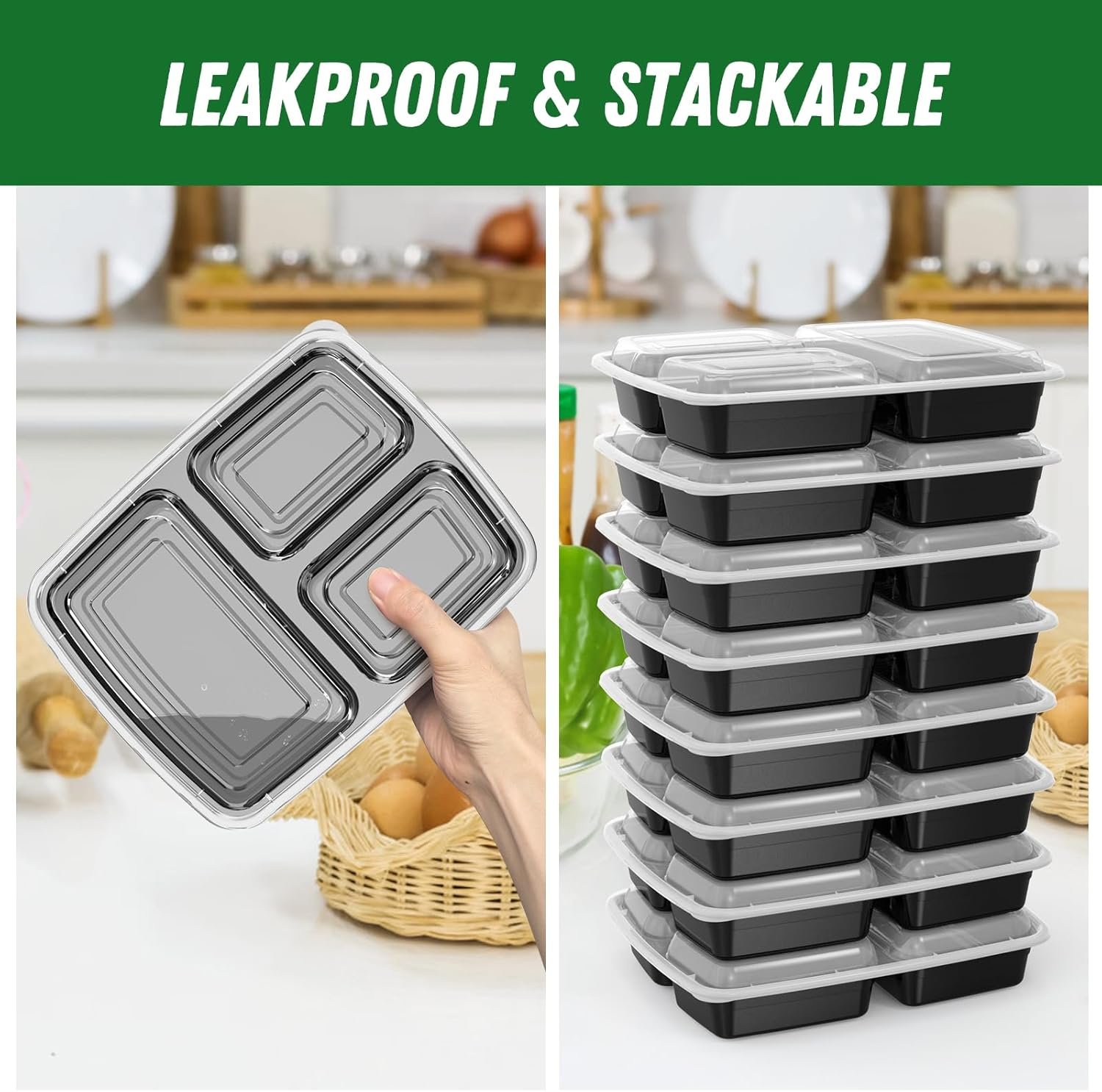Grossiste Réutilisable 50 Pack de Conteneurs Alimentaires 32 oz avec Couvercles 3 Compartiments Solides, Fournisseur Alimentaire en Vrac, Peu Fuit, Micro-ondes, Congélateur, Lave-vaisselle, Noir, OEM