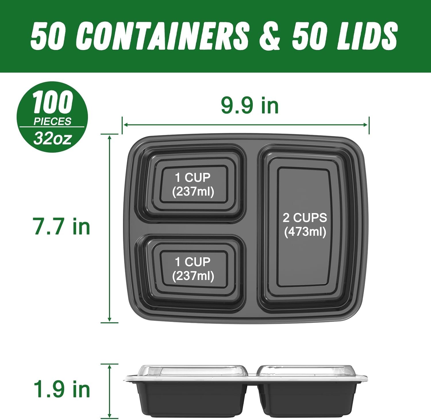 Grossiste Réutilisable 50 Pack de Conteneurs Alimentaires 32 oz avec Couvercles 3 Compartiments Solides, Fournisseur Alimentaire en Vrac, Peu Fuit, Micro-ondes, Congélateur, Lave-vaisselle, Noir, OEM