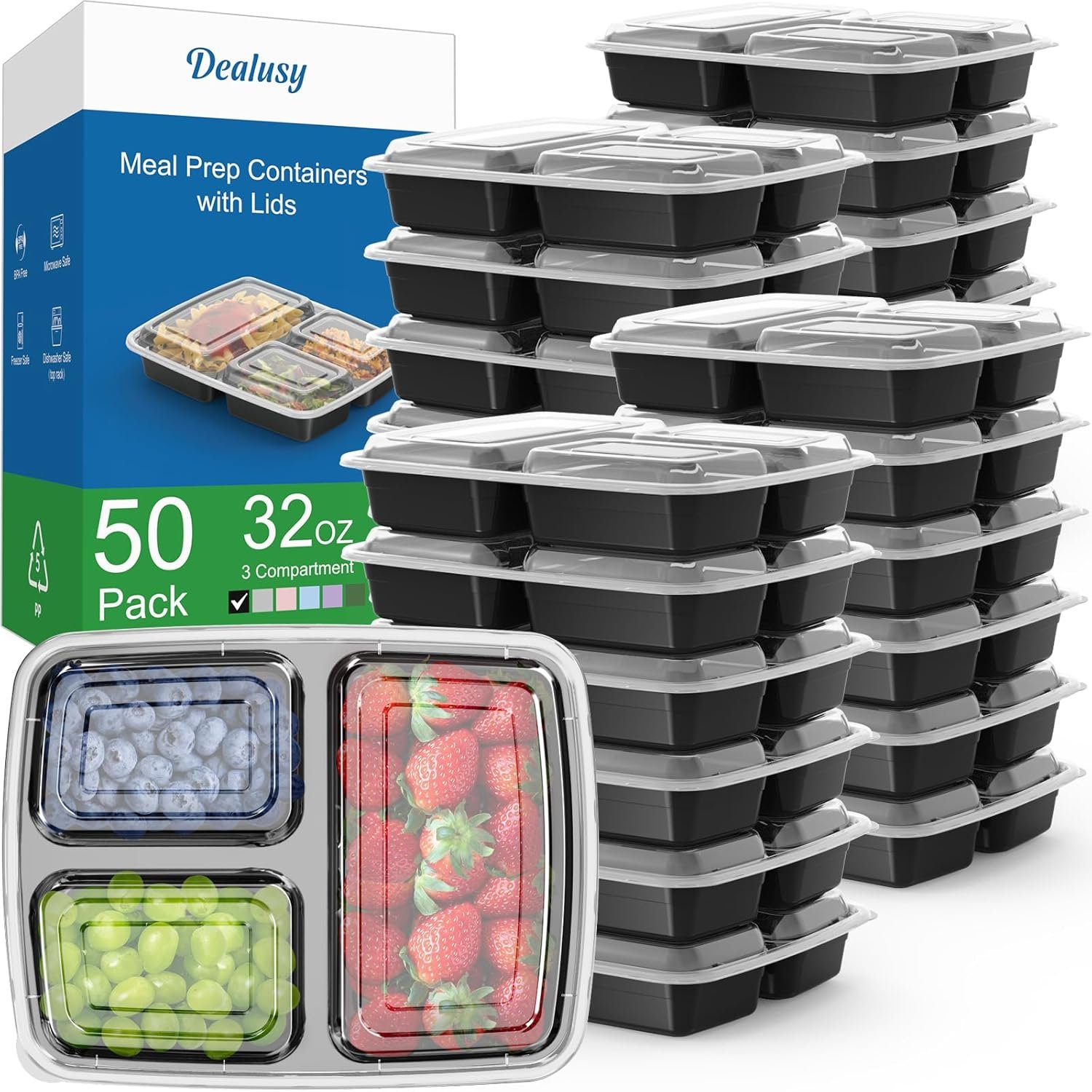 Grossiste Réutilisable 50 Pack de Conteneurs Alimentaires 32 oz avec Couvercles 3 Compartiments Solides, Fournisseur Alimentaire en Vrac, Peu Fuit, Micro-ondes, Congélateur, Lave-vaisselle, Noir, OEM