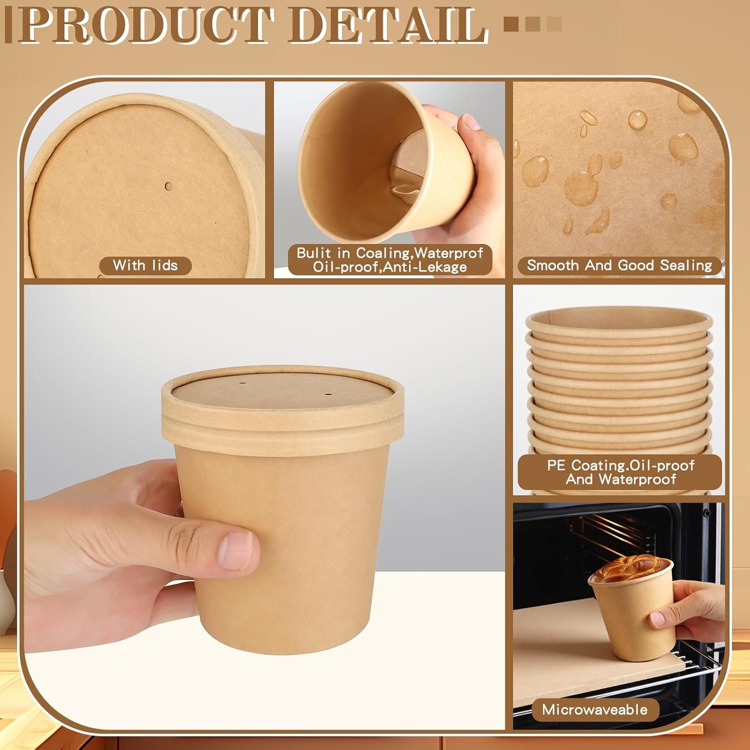 Grossiste 100 Pots à Soupe en Papier de 12oz avec Couvercles Aérés, Contenants Alimentaires Jetables en Kraft, Conviennent pour Soupe Chaude, Crème Glacée, Vente en Gros (100 Pièces - Kraft, 12 oz) Personnalisé