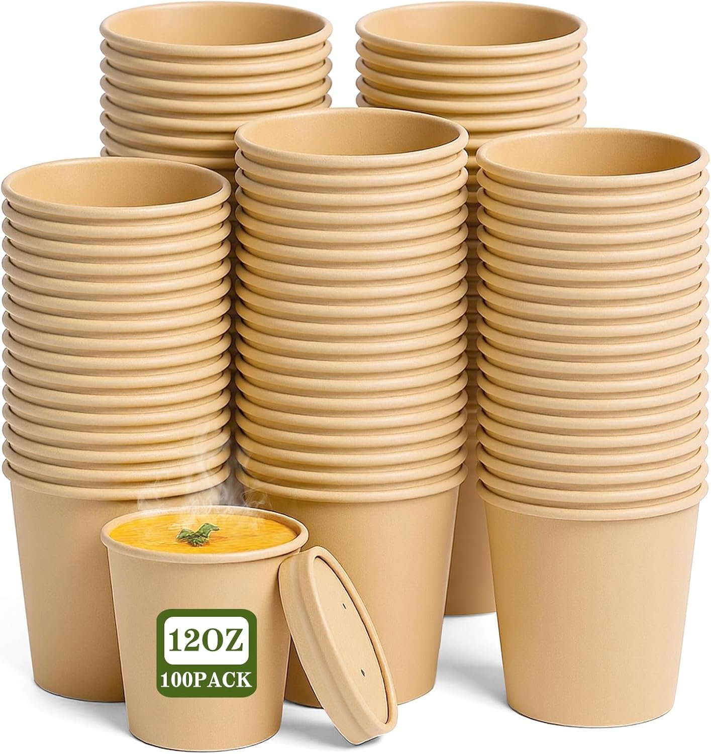 Grossiste 100 Pots à Soupe en Papier de 12oz avec Couvercles Aérés, Contenants Alimentaires Jetables en Kraft, Conviennent pour Soupe Chaude, Crème Glacée, Vente en Gros (100 Pièces - Kraft, 12 oz) Personnalisé