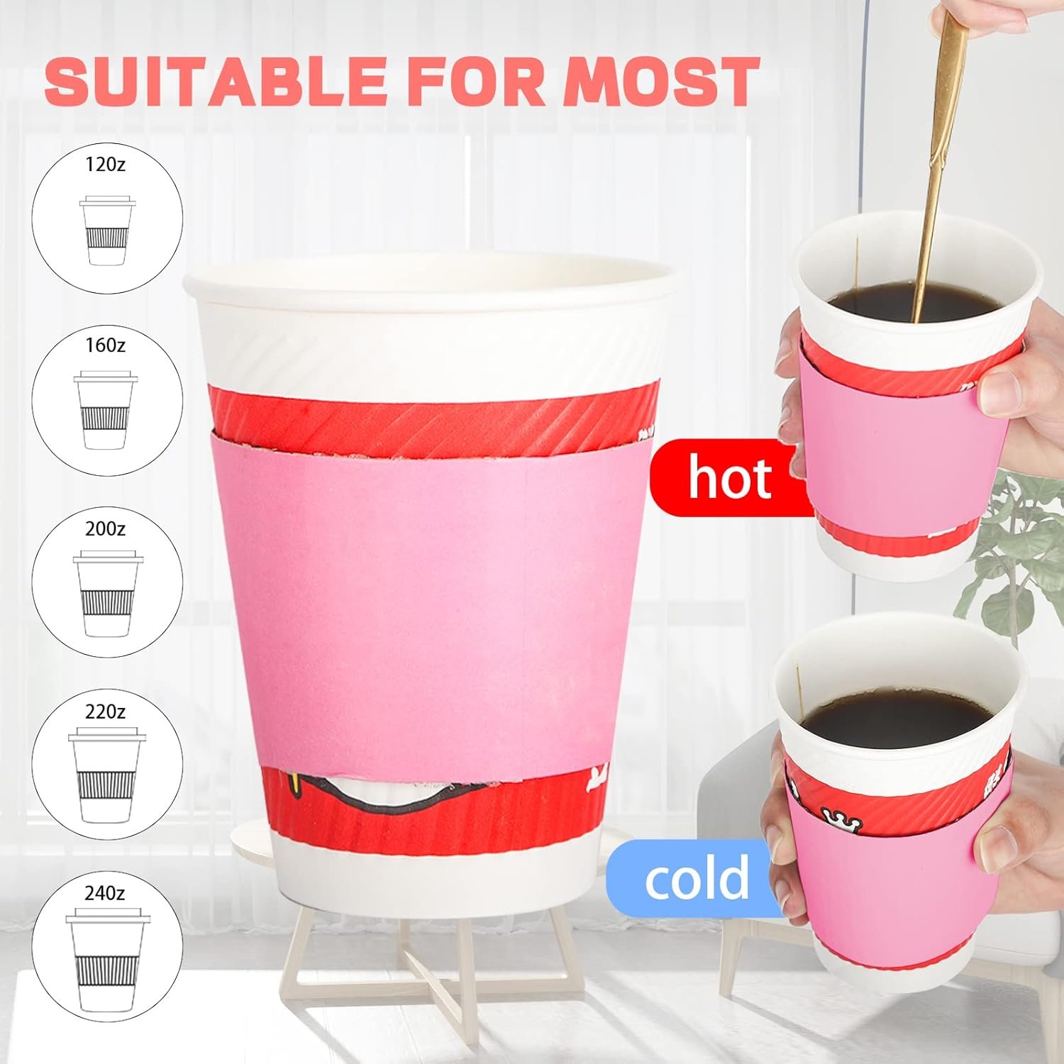 Grossiste en gobelets à café jetables, manches en papier kraft ondulé, protection isolante pour boissons chaudes, personnalisable avec logo, de 8 à 24 oz (rose, 100 pcs) Grossiste en gobelets à café jetables, manches en papier kraft ondulé, protection isolante pour boissons chaudes, personnalisable avec logo, de 8 à 24 oz (rose, 100 pcs)
