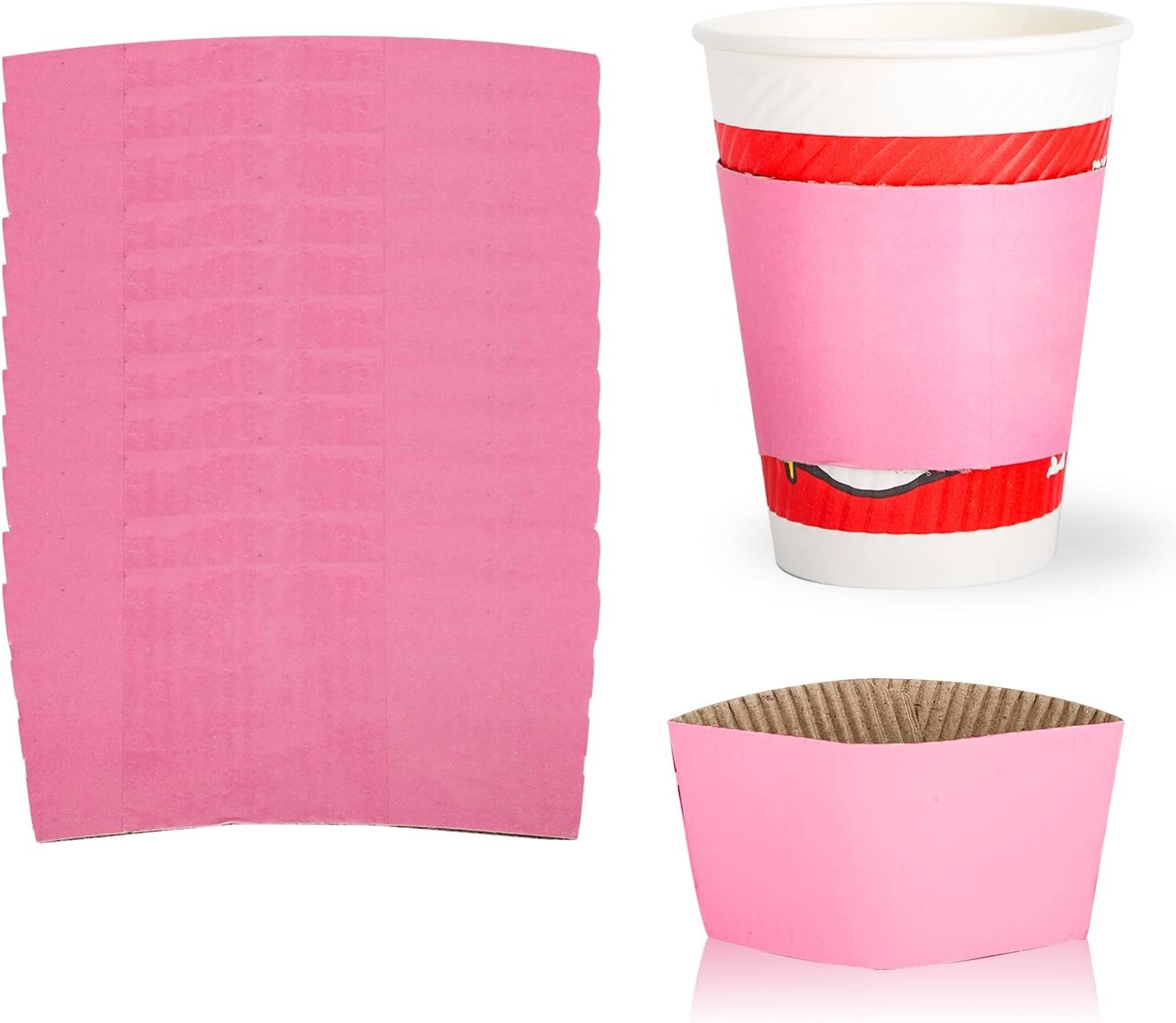 Grossiste en gobelets à café jetables, manches en papier kraft ondulé, protection isolante pour boissons chaudes, personnalisable avec logo, de 8 à 24 oz (rose, 100 pcs)