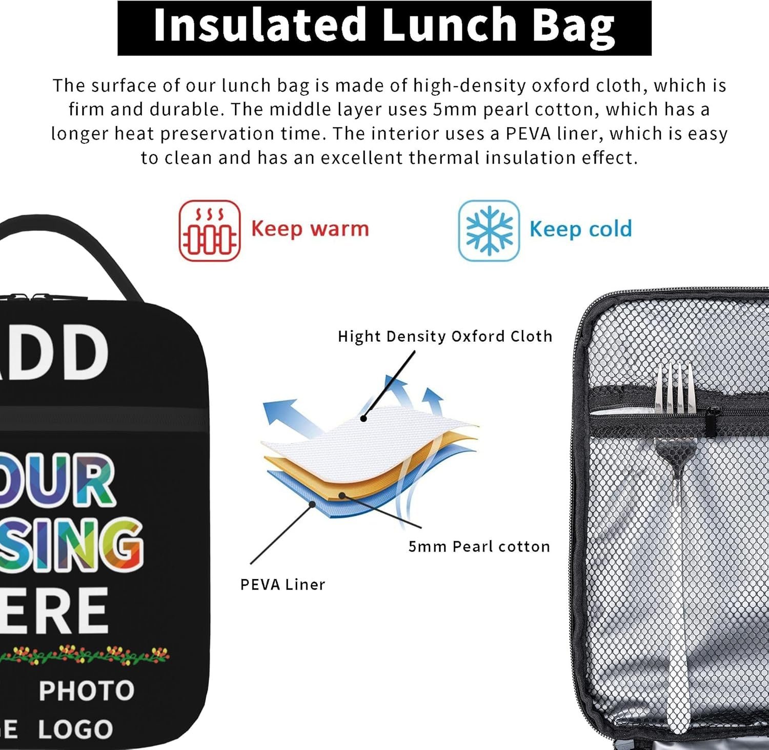 Lunch box personnalisée avec photo et texte, solution idéale pour les grossistes, sac isotherme sur mesure pour adultes et enfants avec bandoulière, fabricant de sacs à déjeuner pour le bureau, l'école et les pique-niques, logo personnalisé inclus.