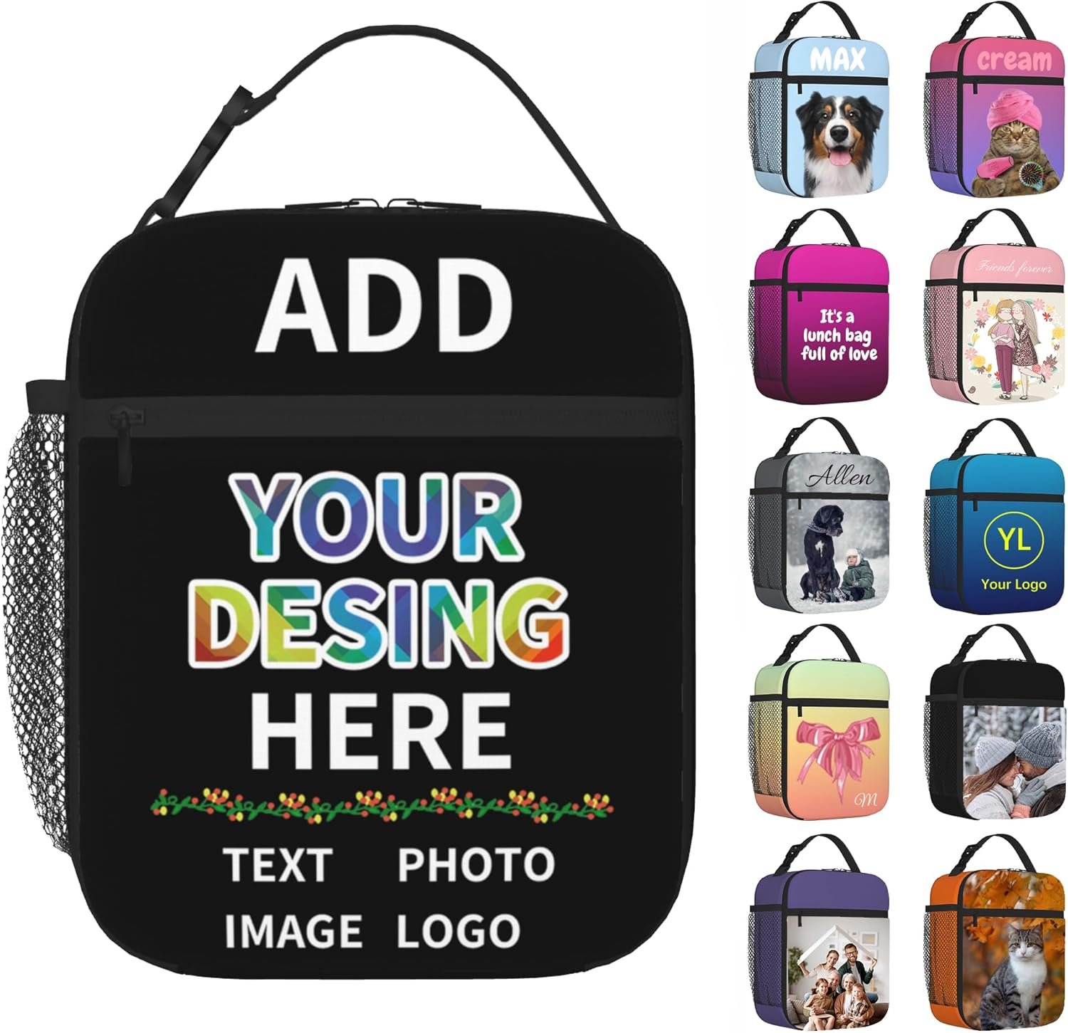 Lunch box personnalisée avec photo et texte, solution idéale pour les grossistes, sac isotherme sur mesure pour adultes et enfants avec bandoulière, fabricant de sacs à déjeuner pour le bureau, l'école et les pique-niques, logo personnalisé inclus.