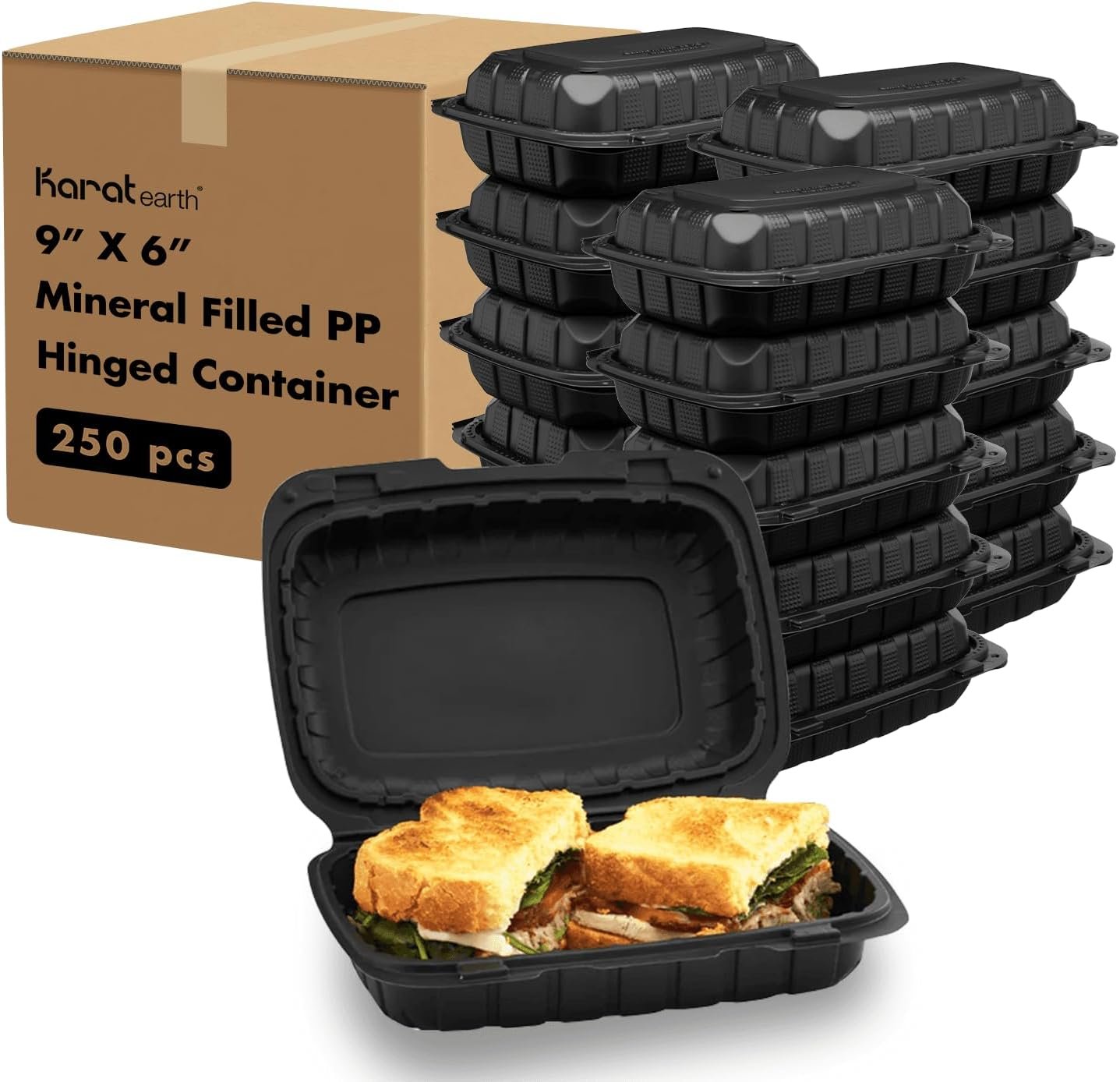 Containers alimentaires à emporter en vrac [9"x6" - 250 unités] | Fournisseur durable, réchauffables au micro-ondes, résistants à l'humidité, empilables | Logo personnalisé, aérés pour aliments chauds/froids, noir
