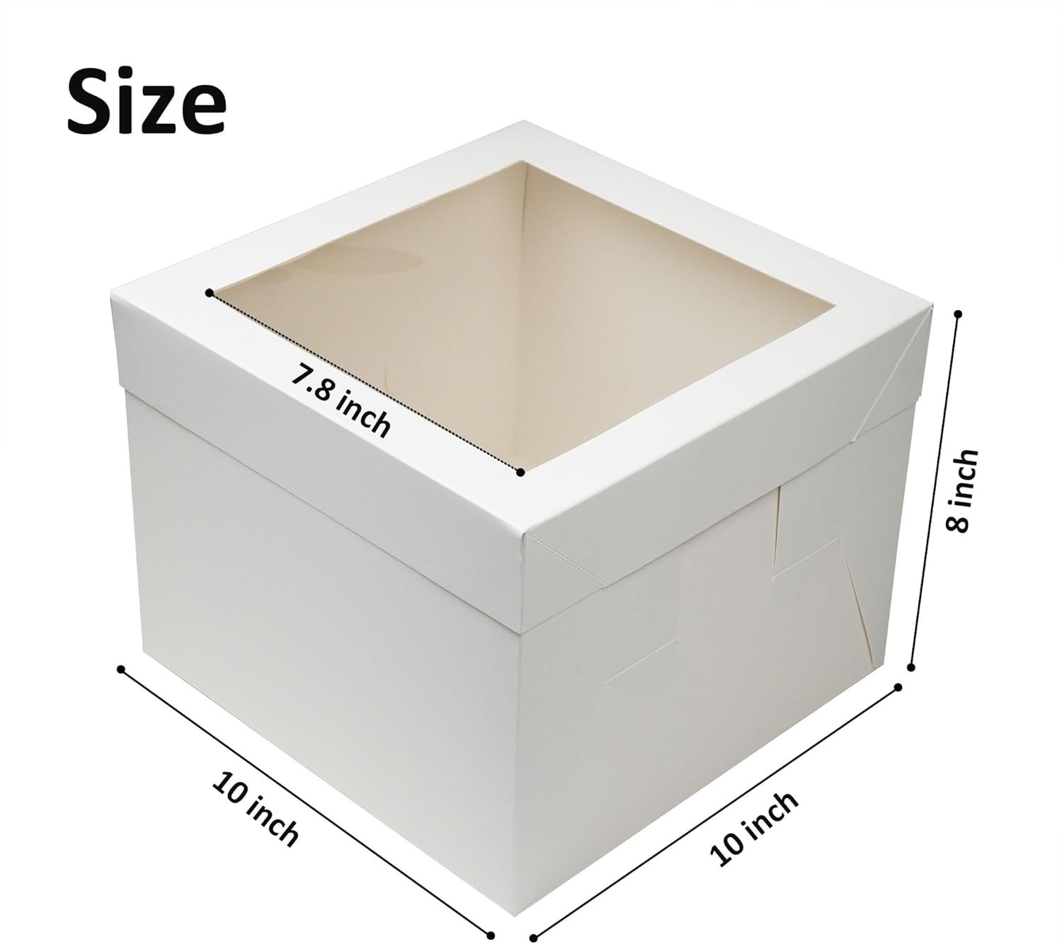 Boîte à gâteau blanche de 10 pouces avec fenêtre, vente en gros, comprenant un plateau en carton argenté de 1/2 pouce d'épaisseur, fabrication sur mesure, contenant jetable pour pâtisserie (10x10x8”).