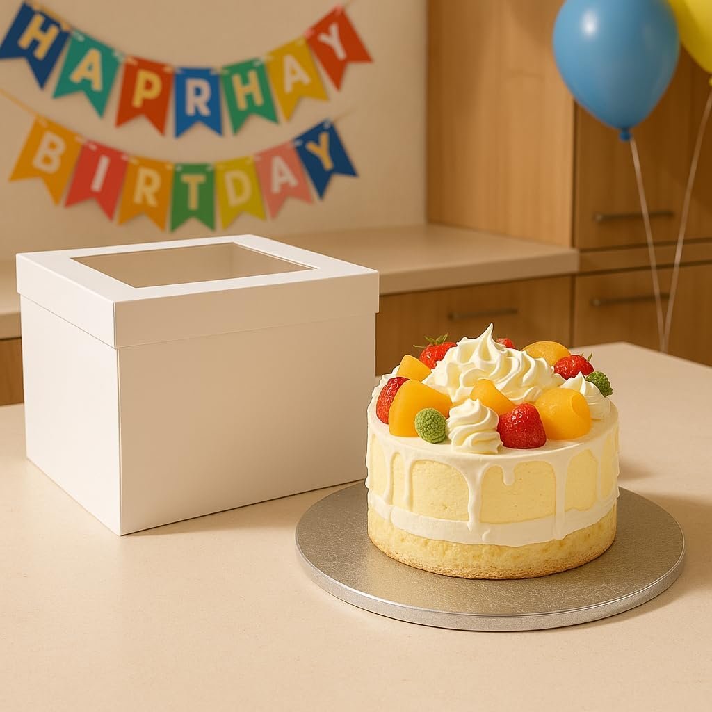 Boîte à gâteau blanche de 10 pouces avec fenêtre, vente en gros, comprenant un plateau en carton argenté de 1/2 pouce d'épaisseur, fabrication sur mesure, contenant jetable pour pâtisserie (10x10x8”).