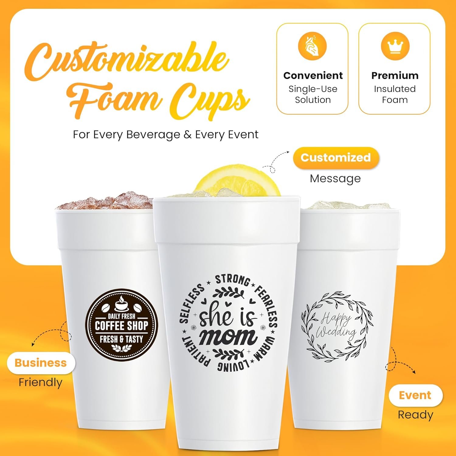 Grossiste de gobelets en mousse jetables personnalisés, 16oz - Impression logo et texte sur mesure | Fournisseur pour fêtes, mariages et événements (50pcs) | OEM disponible