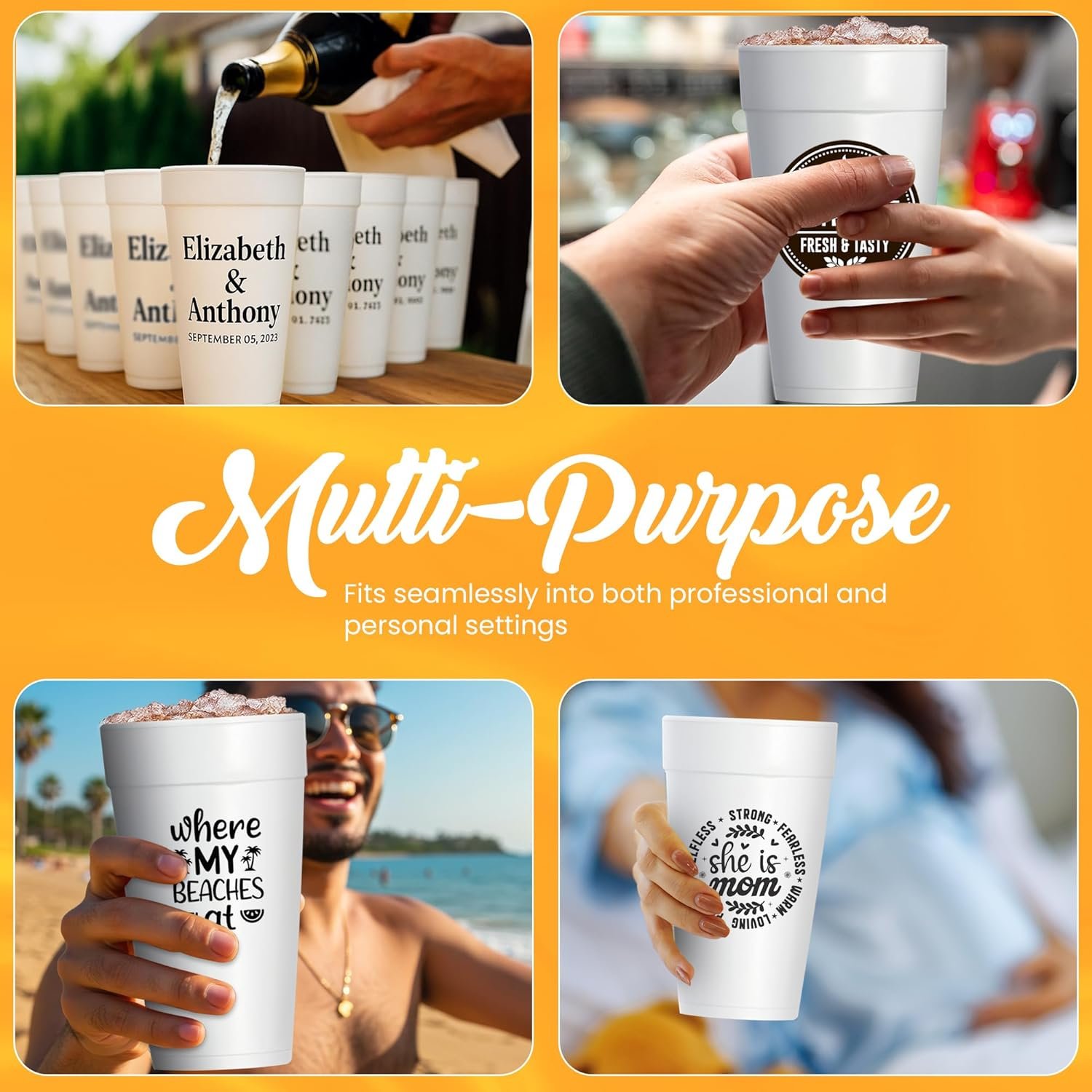 Grossiste de gobelets en mousse jetables personnalisés, 16oz - Impression logo et texte sur mesure | Fournisseur pour fêtes, mariages et événements (50pcs) | OEM disponible