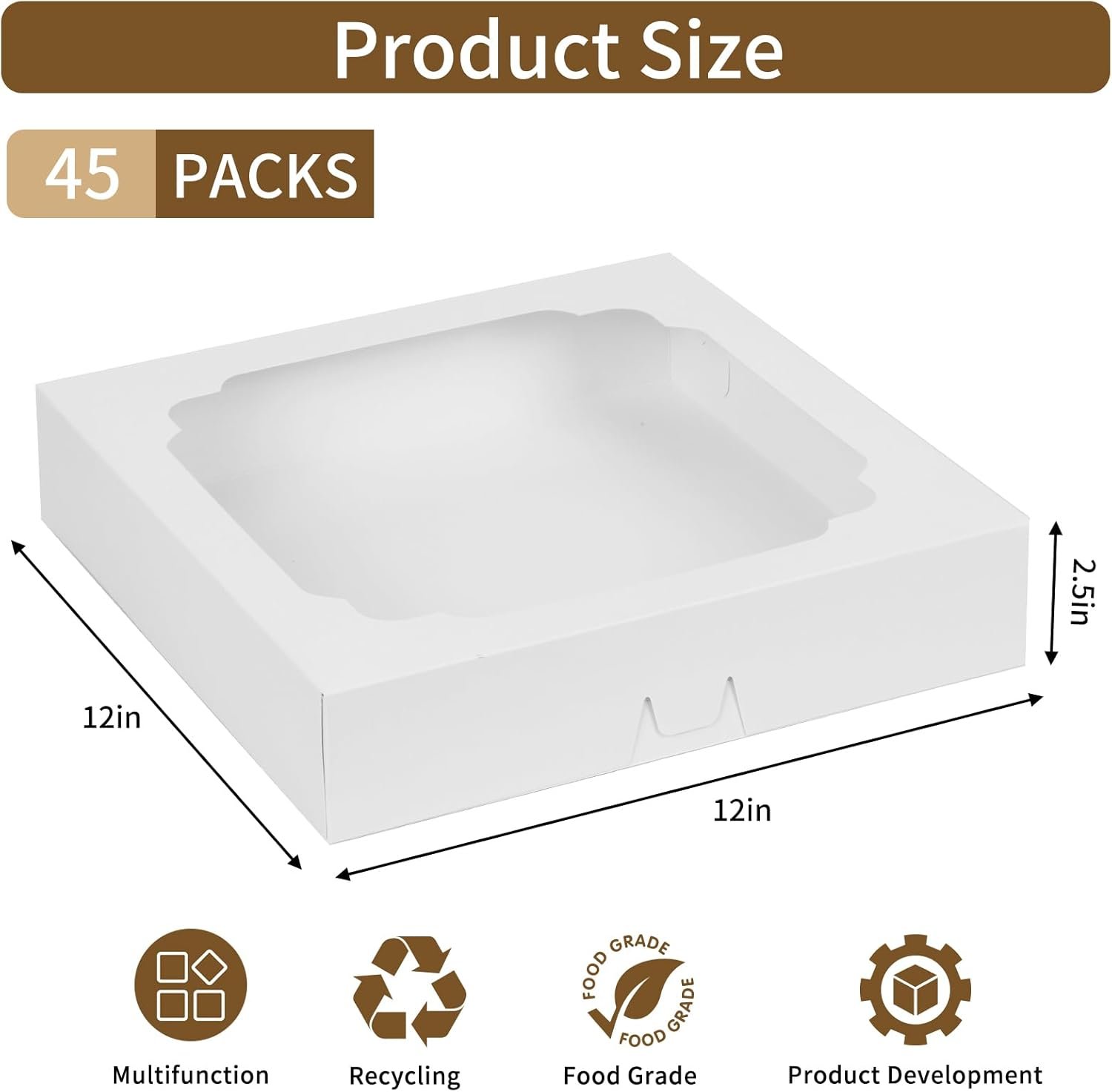 Grossiste de Boîtes à Gâteau 45pcs 12x12x2.5 pouces Blanches avec Fenêtre pour Cookies, Tartes, Pizzas, Fraises, Chocolats, Pâtisseries, Muffins et Donuts, Fournisseur de Packaging Personnalisé OEM