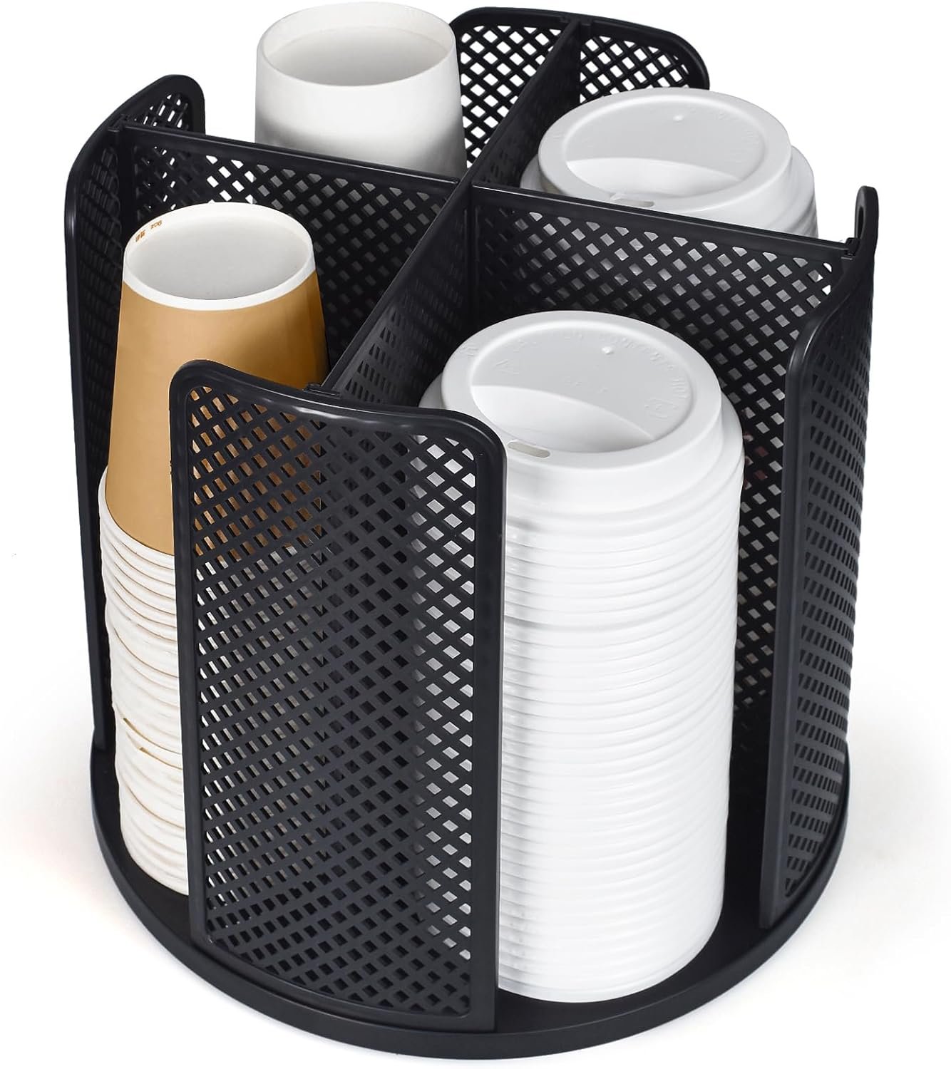 Organisateur de Tasses et Couvercles, Distributeur de Tasses à Café Rotatif 360° pour Tasses Jetables en Plastique et Papier de 5 à 16 oz, 4 Compartiments Détachables, Vente en Gros de Fabricant, Noir