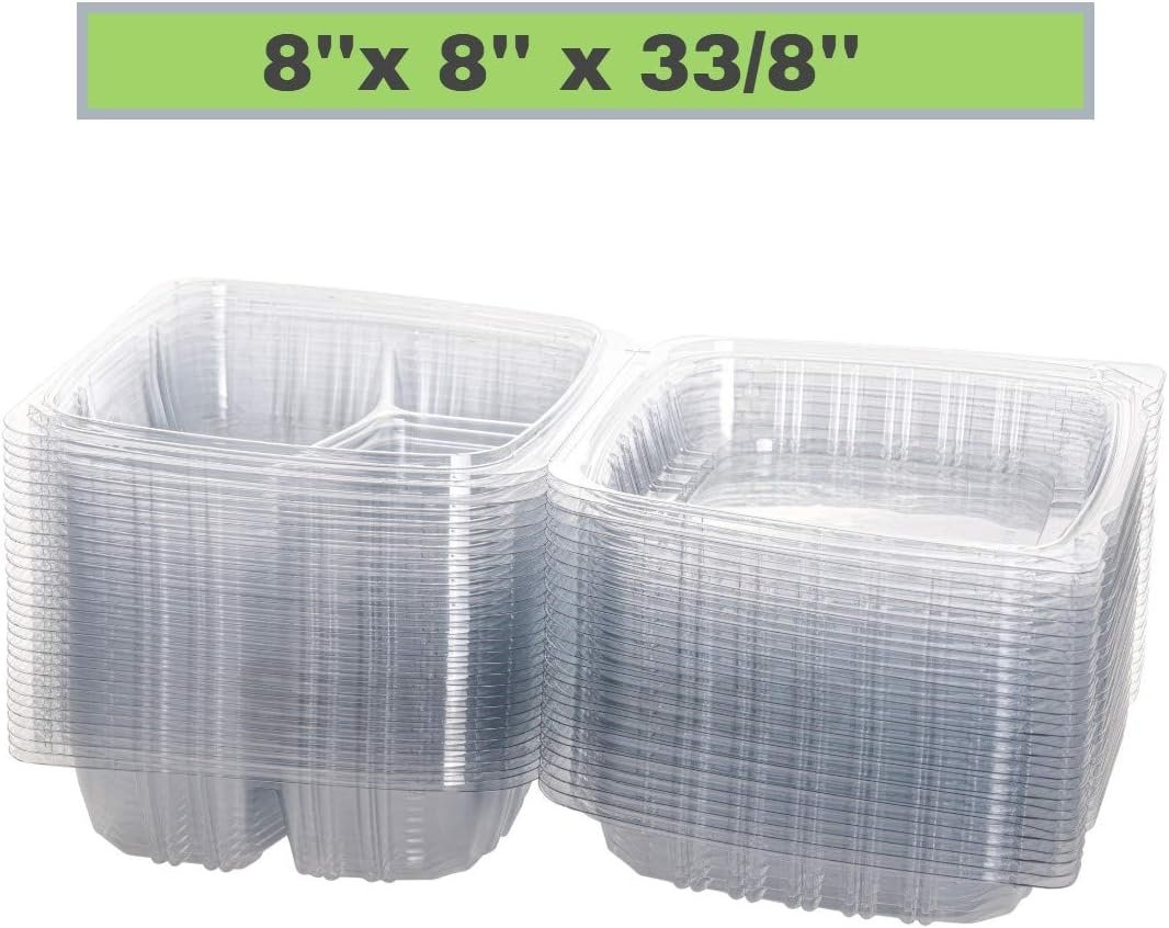 Grossiste contenant alimentaire à emporter, 3 compartiments (Pack de 50 - 8x8x3 3/8), fabriqué par un fournisseur OEM, logo personnalisé disponible.