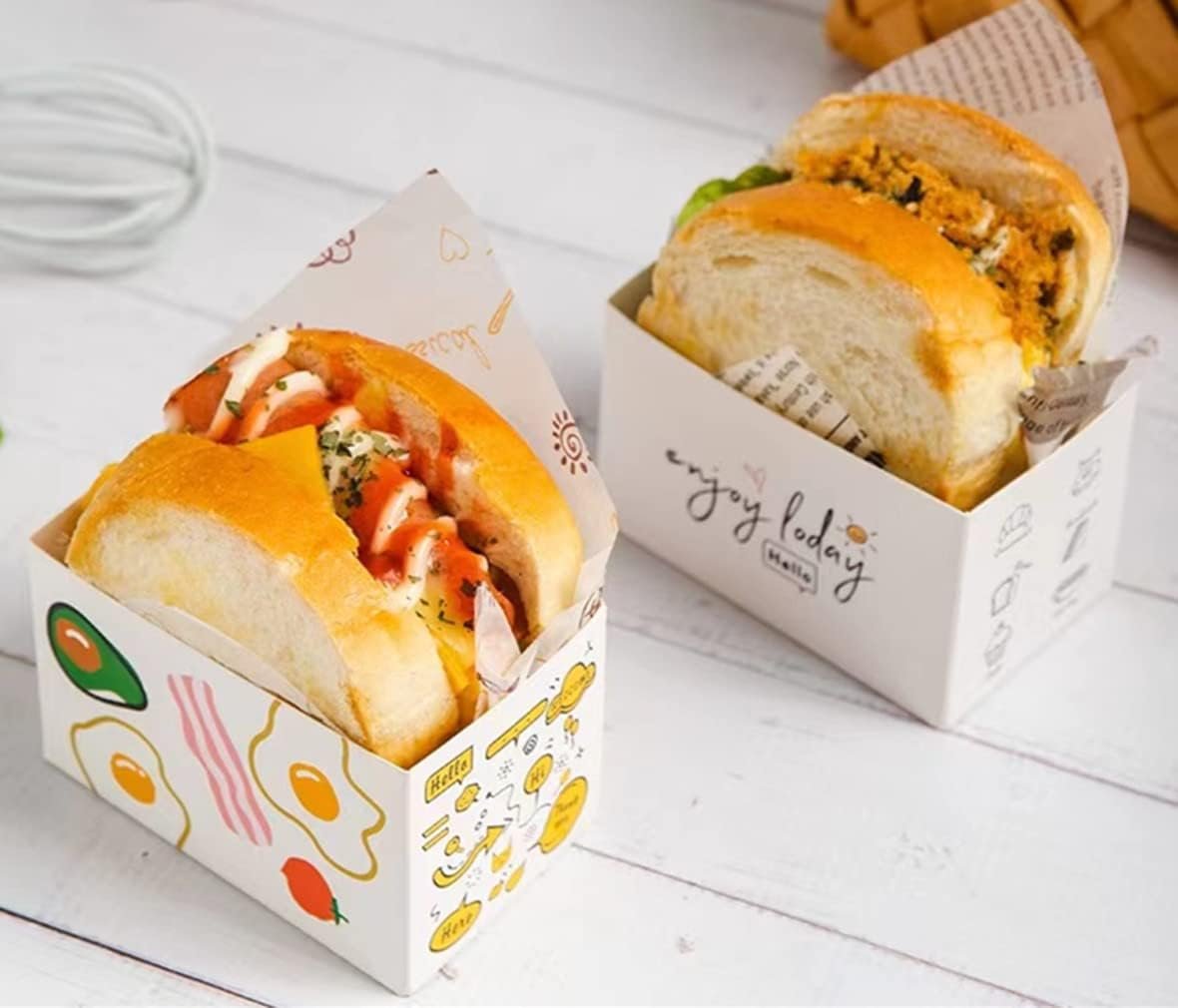 Boîtes à emporter en papier 50 pièces, Logotype Personnalisé, conteneurs à emporter pour mini hamburgers, plateau à pain pour repas à emporter, fournisseur en vente en gros pour restaurants, pique-niques et fêtes.