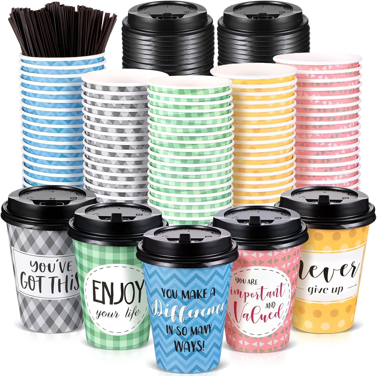 Grossiste de gobelets en papier jetables 100 pièces avec couvercles et pailles, taille 16 oz, design motivant, idéal pour l'eau, le jus, le café et le thé, Marque Blanche pour boutiques et cafés.