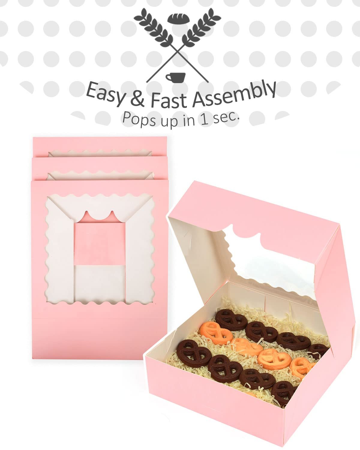 Grossiste en Vrac Boîtes à Pâtisserie Roses Auto-pop-up 50 Paquets 8x8x2.5 pouces Avec Fenêtre, Fabricant de Logo Personnalisé et Vente en Gros.