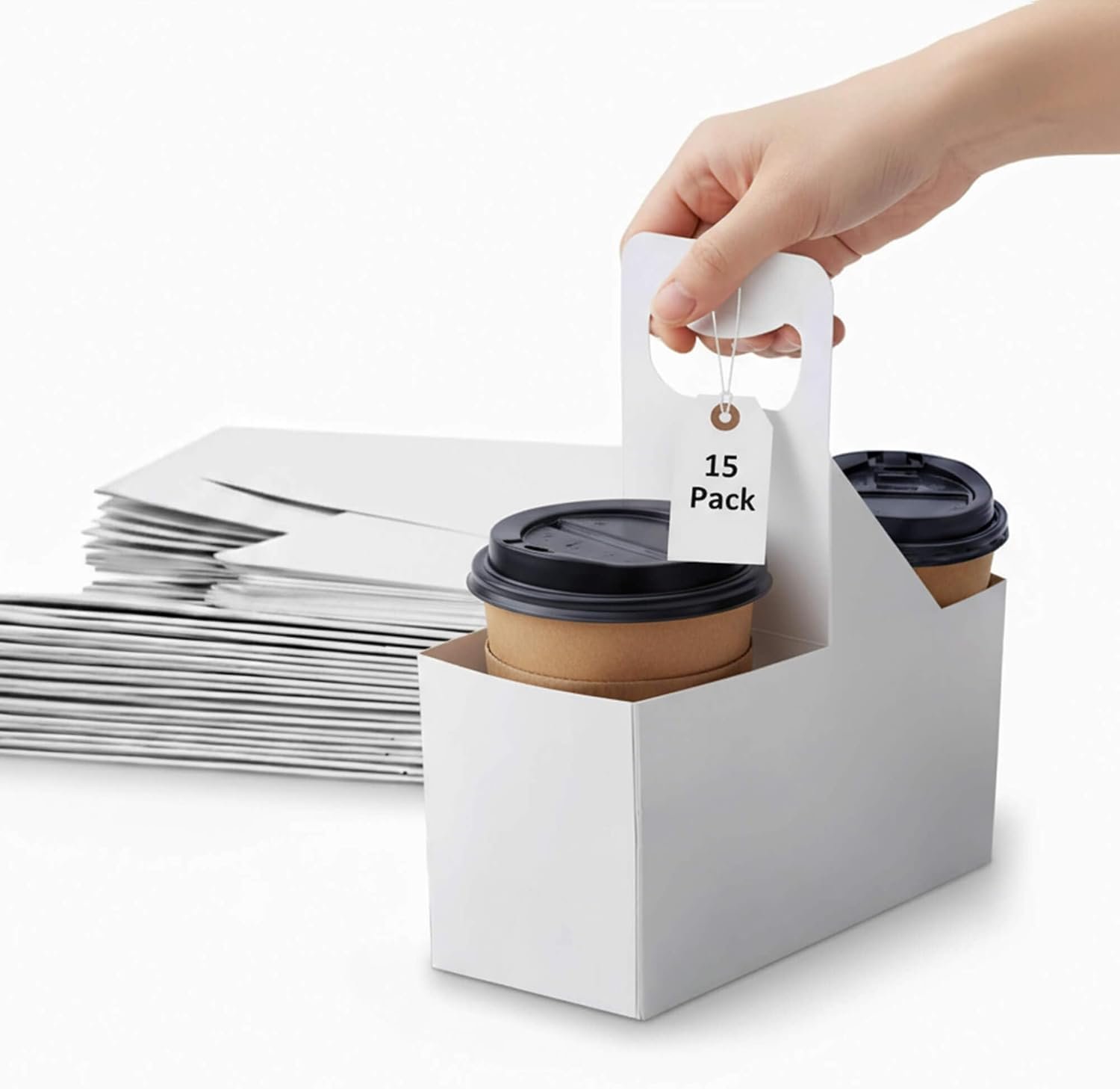 Grossiste porte-gobelet en papier kraft pour 2 tasses avec poignée, support de café de 12 à 32 oz, livraison de boissons à emporter, 15 unités, OEM, sans tasses, fabricant de solutions professionnelles.