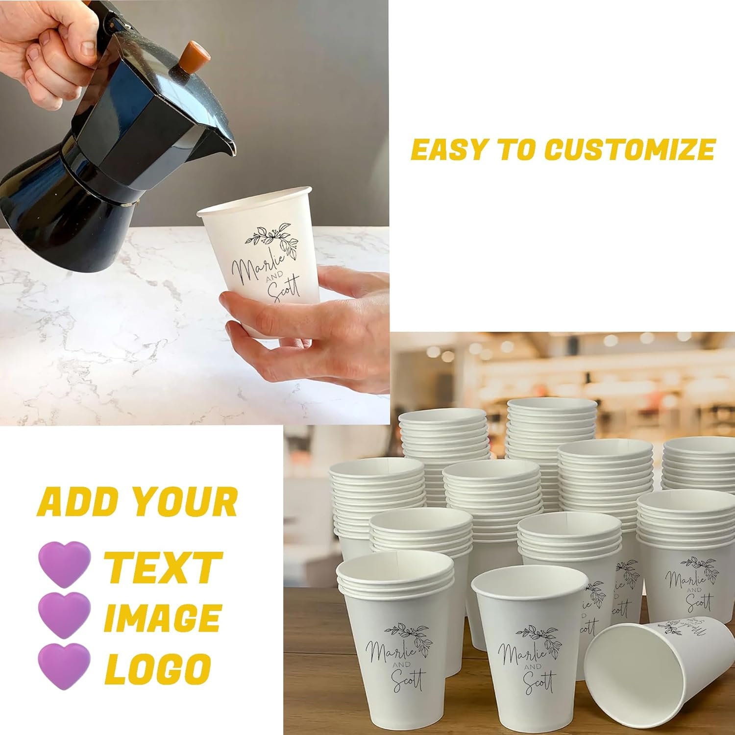 Grossiste en 60-200pcs de gobelets en papier personnalisés, gobelets à logo personnalisé pour café, événement, mariage (9oz) - Fournisseur spécialisé en vente en gros.