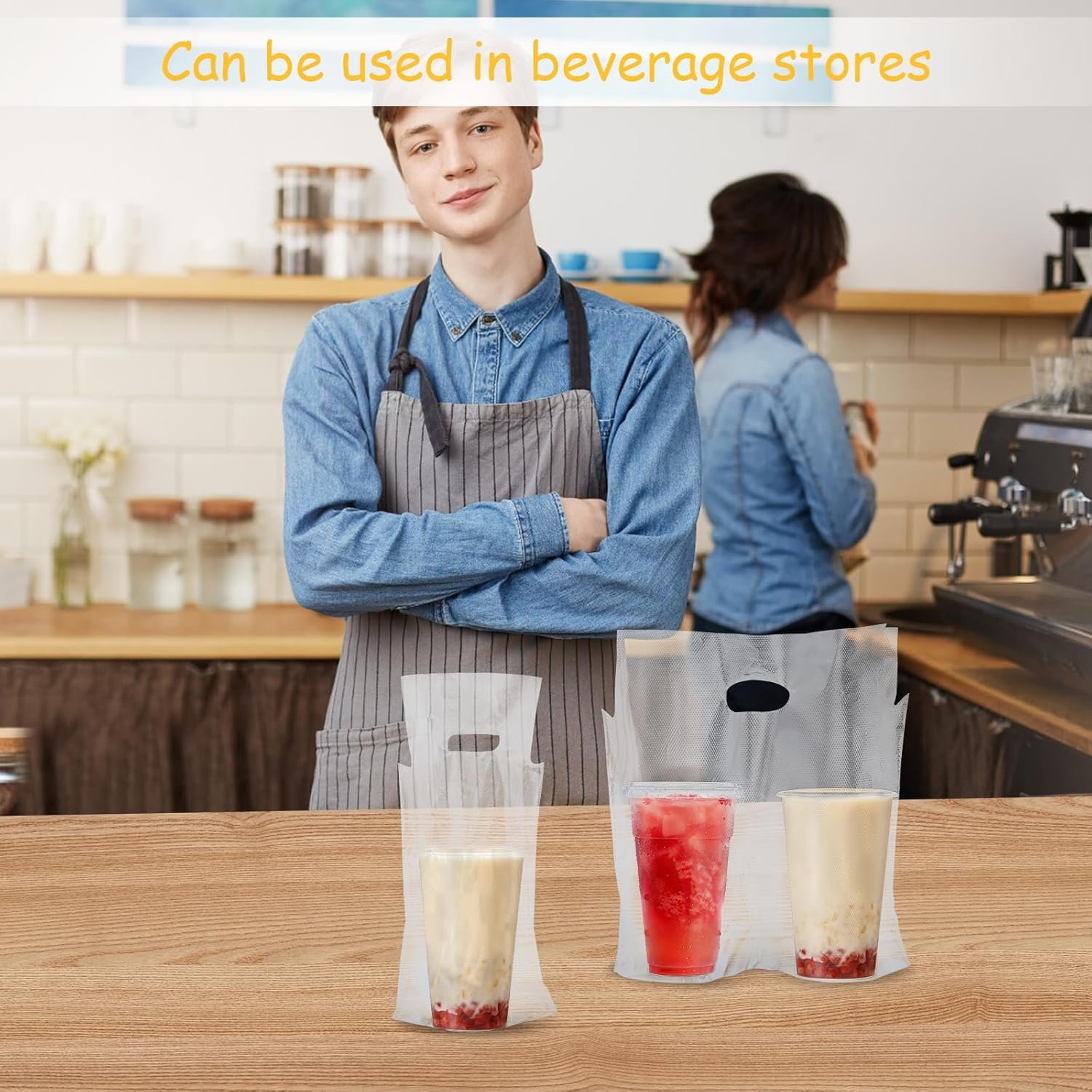 Grossiste de sacs à boissons jetables avec poignée 400 Pcs 2 porte-gobelets pour café à emporter, Logo Personnalisé pour la livraison, Fournisseur de sacs clairs pour boissons, jus, lait et thé.