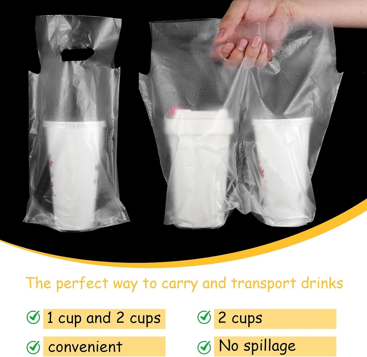 Grossiste de sacs à boissons jetables avec poignée 400 Pcs 2 porte-gobelets pour café à emporter, Logo Personnalisé pour la livraison, Fournisseur de sacs clairs pour boissons, jus, lait et thé.