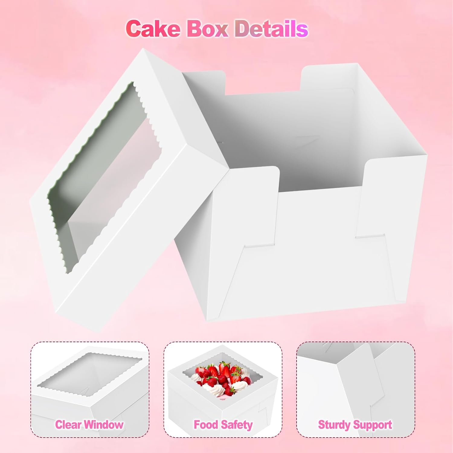 Grossiste en boîte à gâteaux 10 pouces, boîte de transport de 10x10x8 pouces avec grande fenêtre transparente, idéale pour les mariages, anniversaires et occasions spéciales. Fabricant spécialisé dans la vente en gros de pâtissiers, cookies, tartes et cupcakes. Logo personnalisé disponible pour une marque blanche.