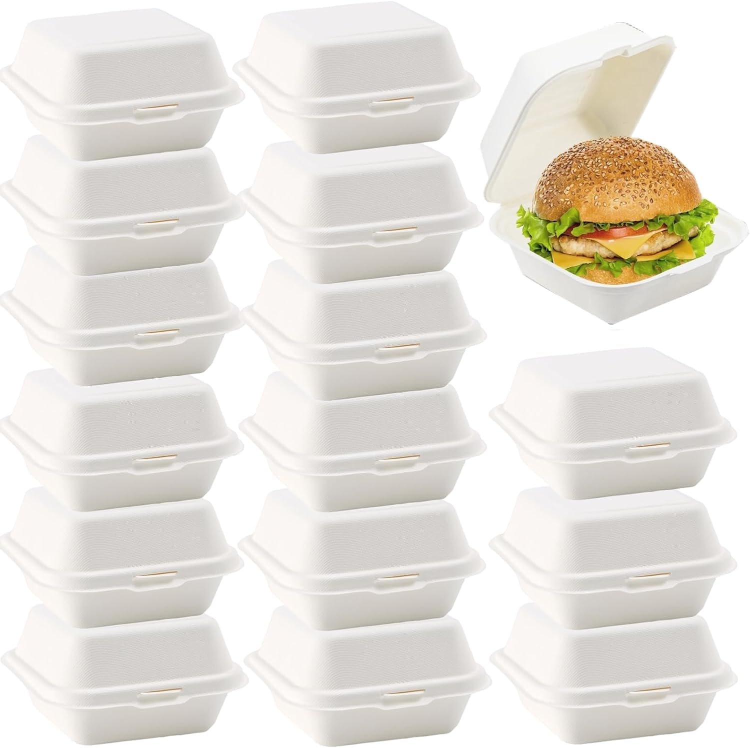 Grossiste conteneurs alimentaires en vrac, 150 Pack de boîtes Bento en bagasse 6 x 6 pouces avec couvercle, logo personnalisé pour hamburgers et chips, safe pour micro-ondes et congélateur.