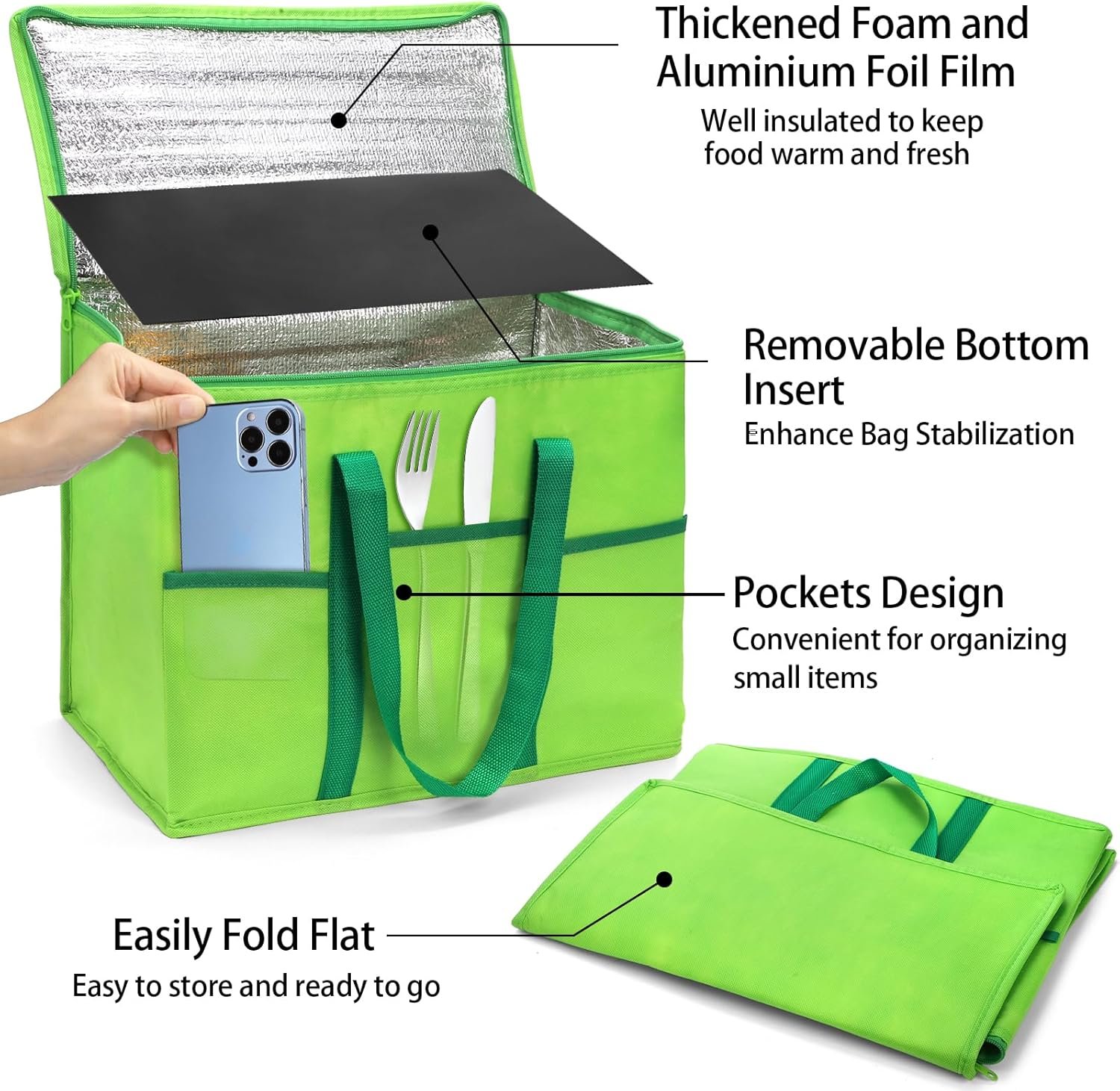 Grossiste sacs de courses isothermes réutilisables 4 pièces, sac réfrigérant pliable avec fond rigide et fermeture zippée, transport de nourriture chaude ou froide, fabricant de solutions durables en gros.