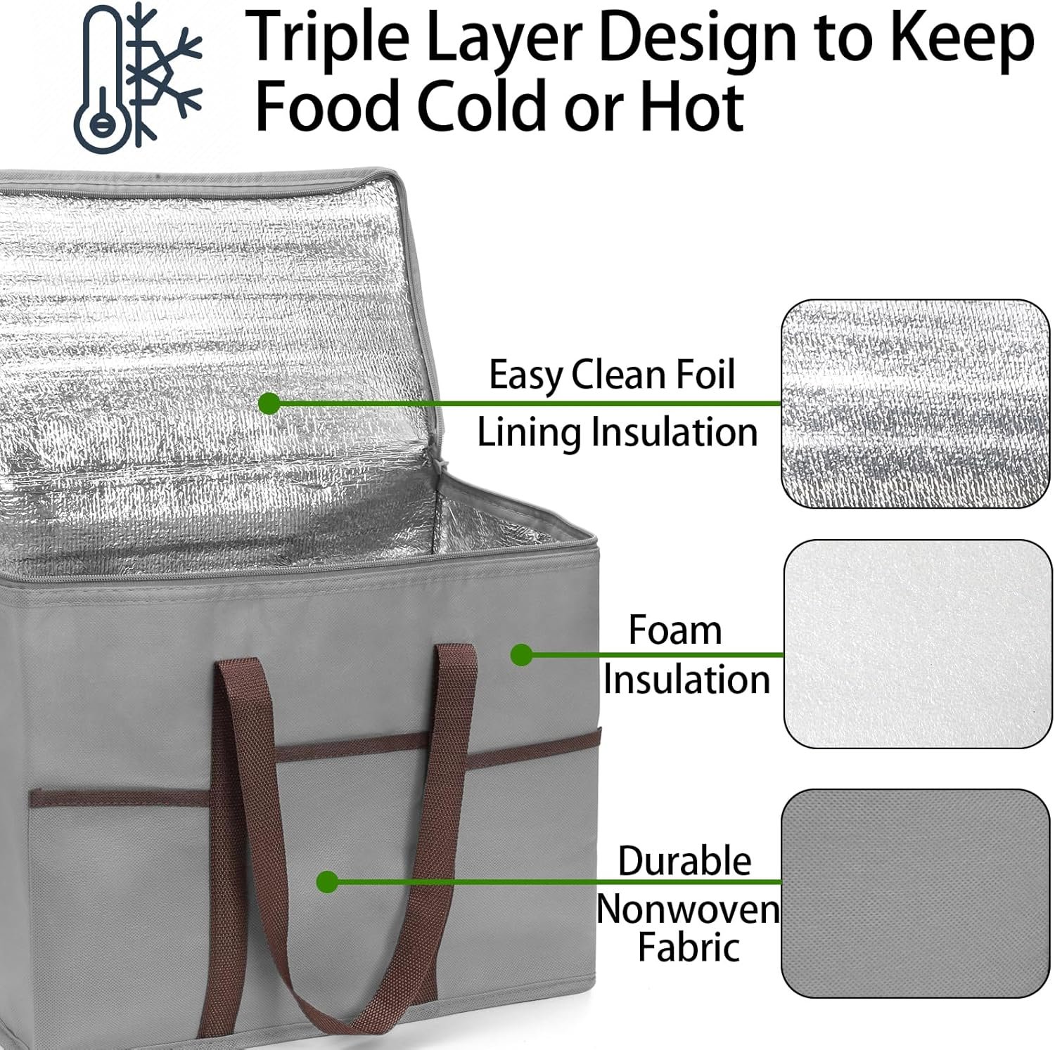 Grossiste sacs de courses isothermes réutilisables 4 pièces, sac réfrigérant pliable avec fond rigide et fermeture zippée, transport de nourriture chaude ou froide, fabricant de solutions durables en gros.