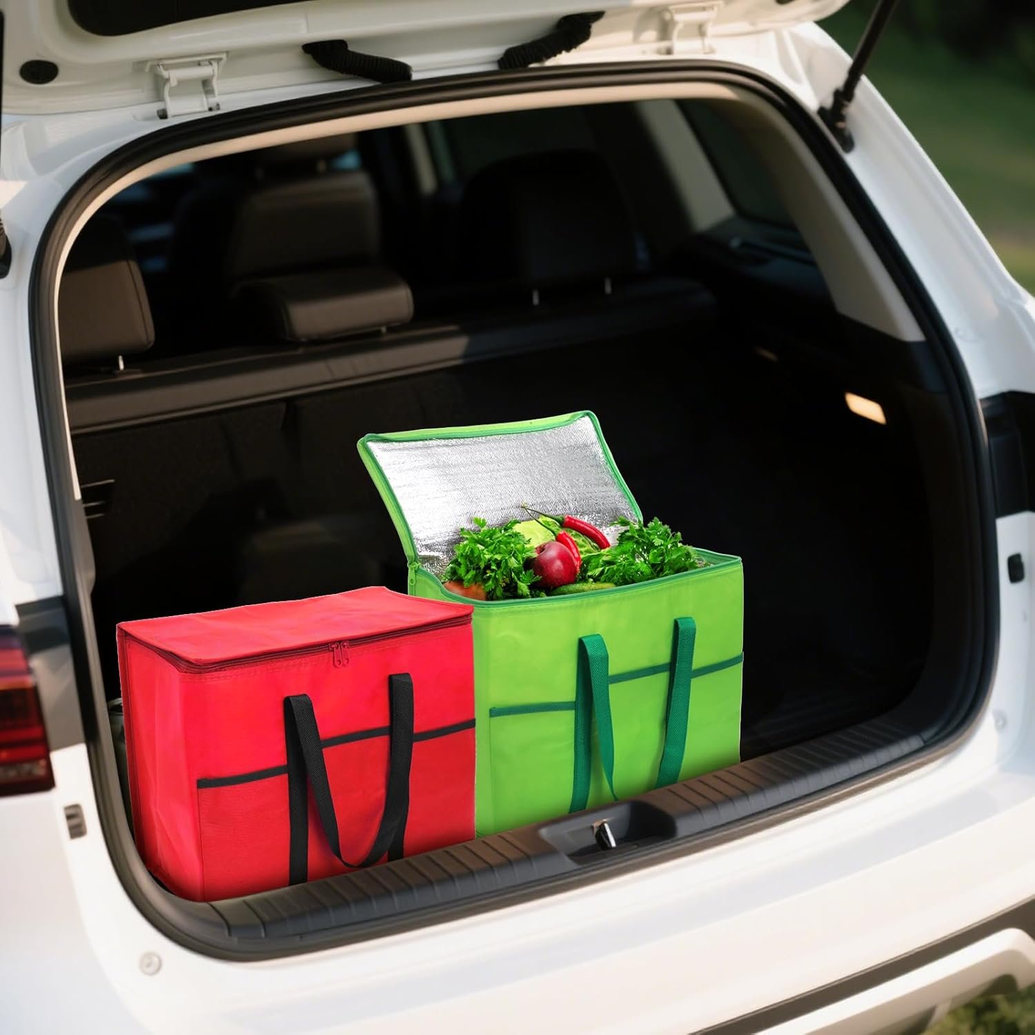 Grossiste sacs de courses isothermes réutilisables 4 pièces, sac réfrigérant pliable avec fond rigide et fermeture zippée, transport de nourriture chaude ou froide, fabricant de solutions durables en gros.