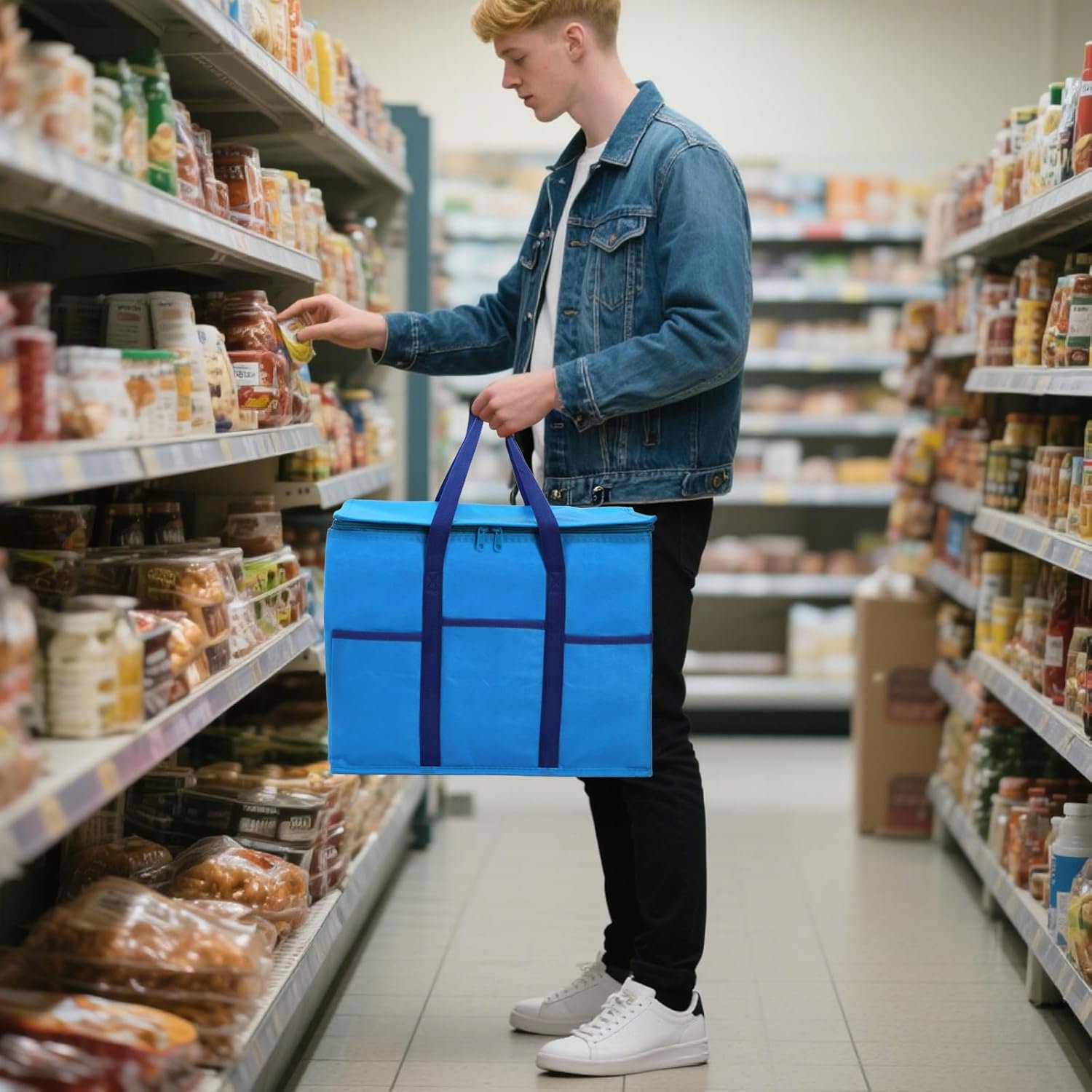 Grossiste sacs de courses isothermes réutilisables 4 pièces, sac réfrigérant pliable avec fond rigide et fermeture zippée, transport de nourriture chaude ou froide, fabricant de solutions durables en gros.