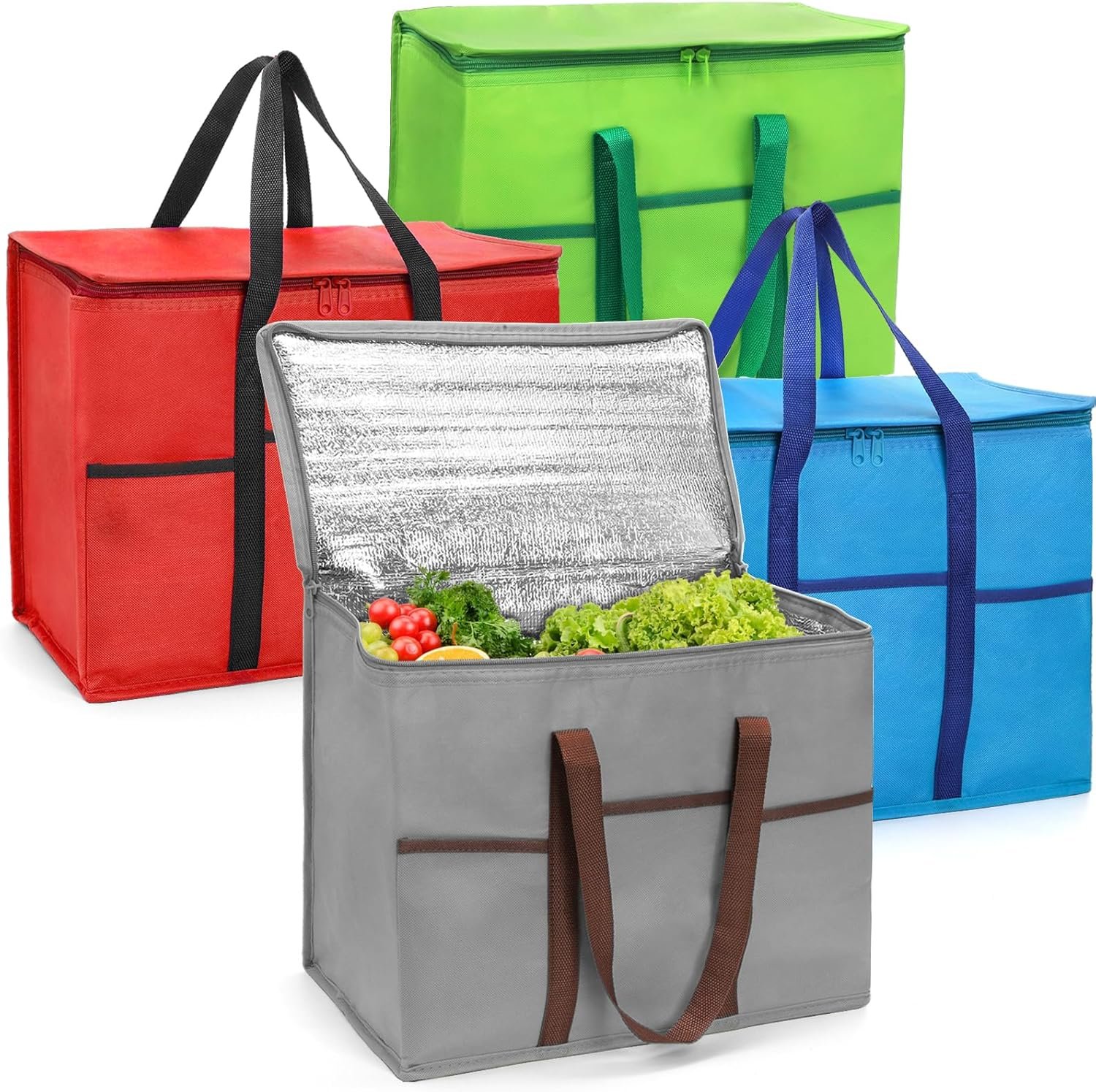 Grossiste sacs de courses isothermes réutilisables 4 pièces, sac réfrigérant pliable avec fond rigide et fermeture zippée, transport de nourriture chaude ou froide, fabricant de solutions durables en gros.