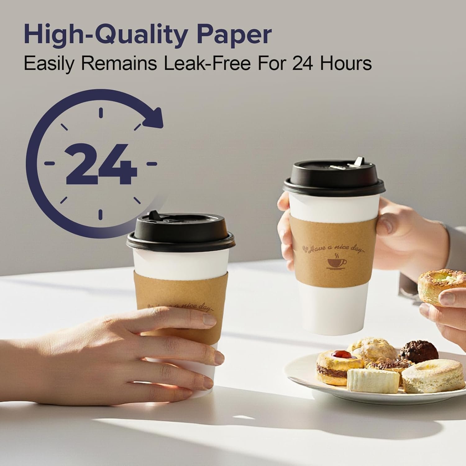 Grossiste de gobelets à café jetables 16 oz avec couvercles et manchons en kraft, logo personnalisé, fabrication de qualité, vente en gros pour bureau, café, restauration, événements et trajets quotidiens.