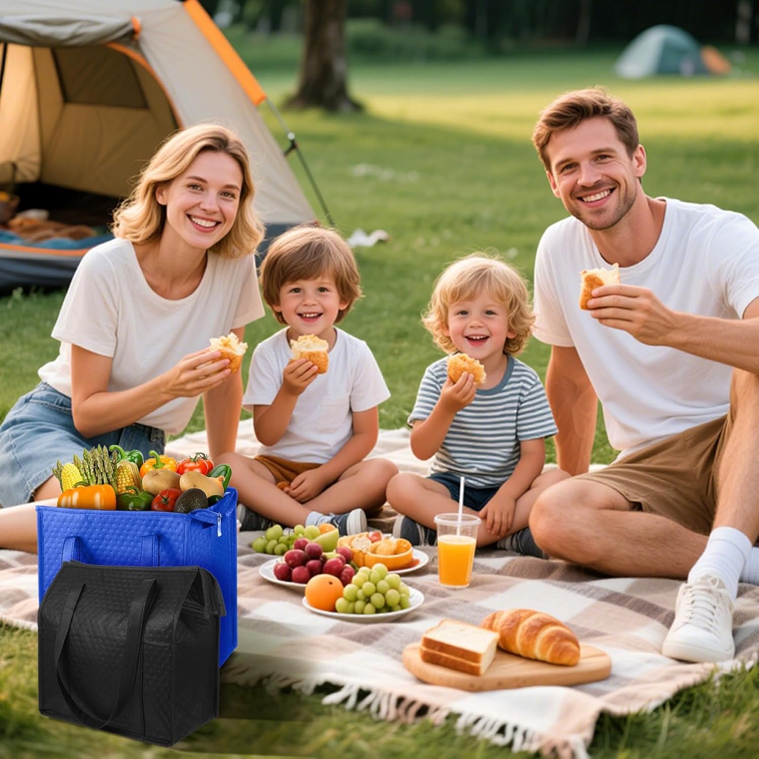 Grossiste Sacs de courses isothermes réutilisables 6 pièces, grandes sacs isolés robustes 13 x 12 x 7 pouces, pour livraison de nourriture avec logos personnalisés, sacs thermiques avec zipper. Fabricant de sacs en vrac.