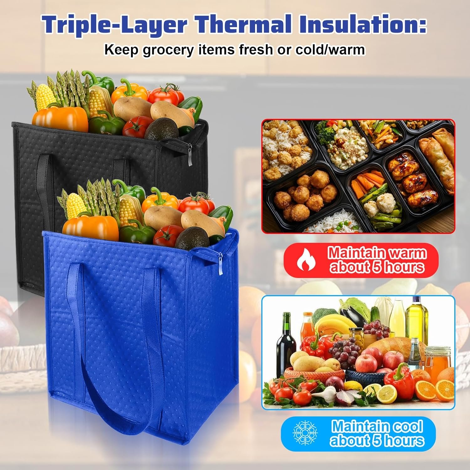 Grossiste Sacs de courses isothermes réutilisables 6 pièces, grandes sacs isolés robustes 13 x 12 x 7 pouces, pour livraison de nourriture avec logos personnalisés, sacs thermiques avec zipper. Fabricant de sacs en vrac.