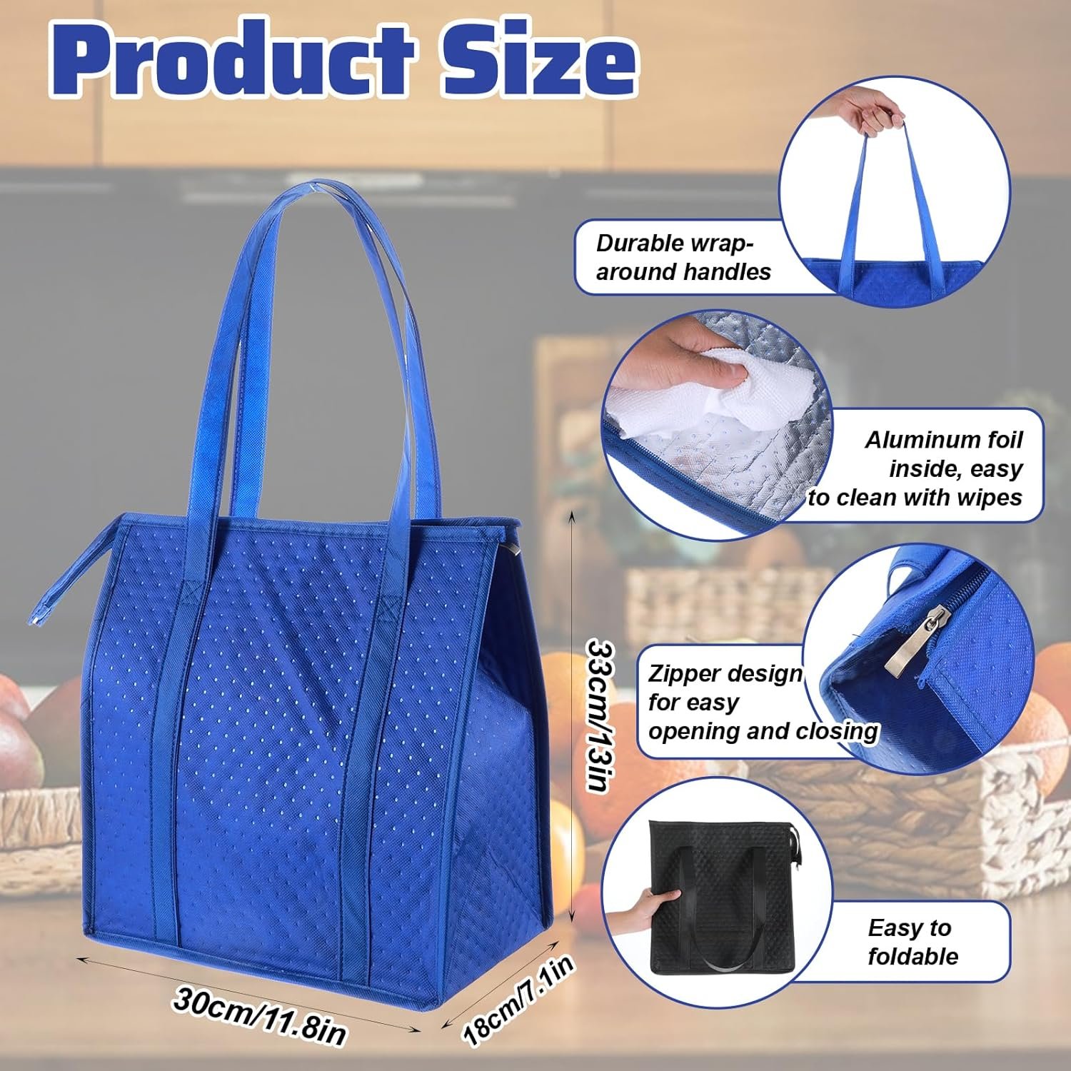 Grossiste Sacs de courses isothermes réutilisables 6 pièces, grandes sacs isolés robustes 13 x 12 x 7 pouces, pour livraison de nourriture avec logos personnalisés, sacs thermiques avec zipper. Fabricant de sacs en vrac.