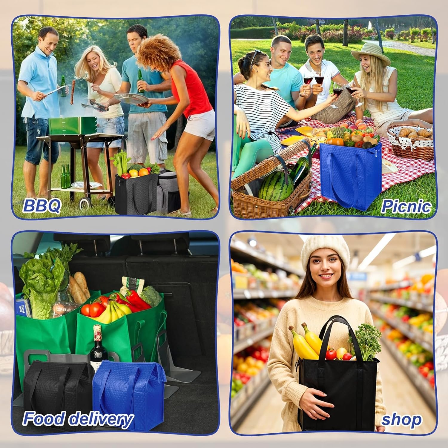 Grossiste Sacs de courses isothermes réutilisables 6 pièces, grandes sacs isolés robustes 13 x 12 x 7 pouces, pour livraison de nourriture avec logos personnalisés, sacs thermiques avec zipper. Fabricant de sacs en vrac.