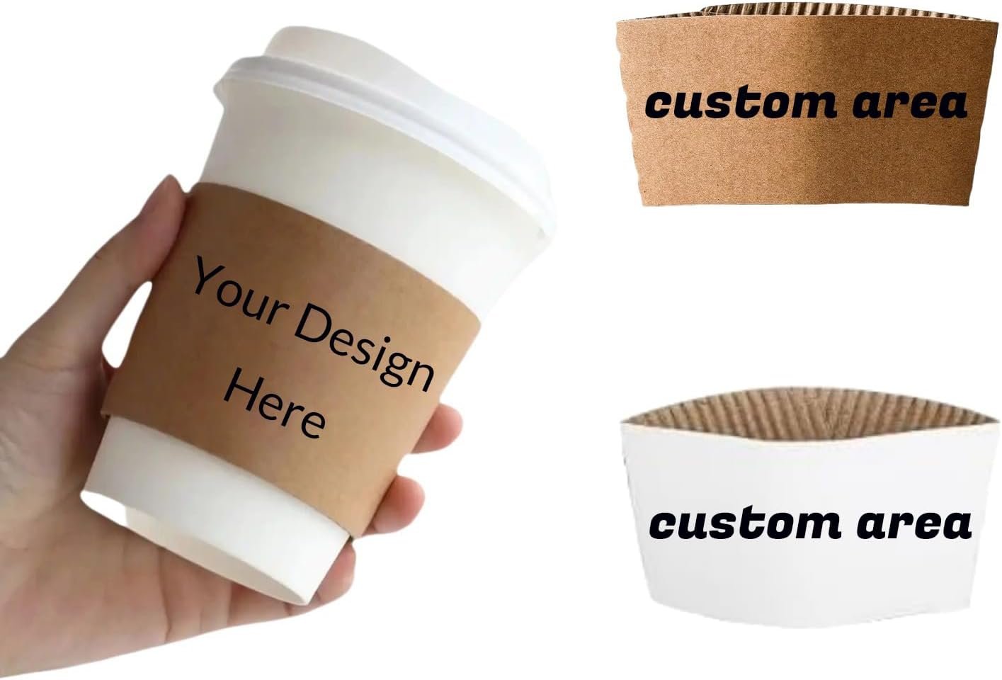 Grossiste en 20-500PCS de manchons à café jetables personnalisés, impression couleur pleine avec logo personnalisé en papier ondulé pour tasses de 12-20oz, fournisseur kraft/blanc.