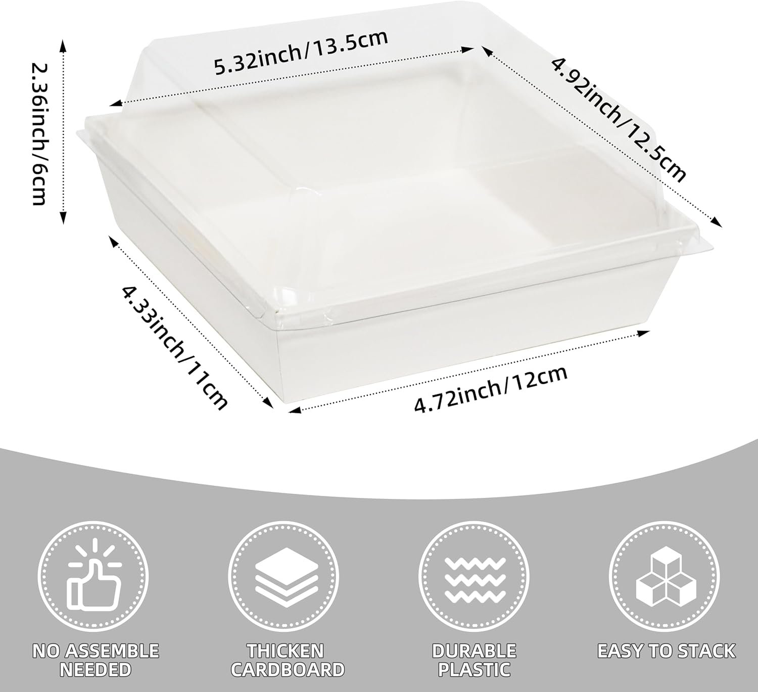 Grossiste en boîtes à charcuterie 50 pièces, conteneurs alimentaires jetables pour part de gâteau, cookies et sandwich, Logo Personnalisé, fournisseur de solutions en gros avec couvercles transparents.